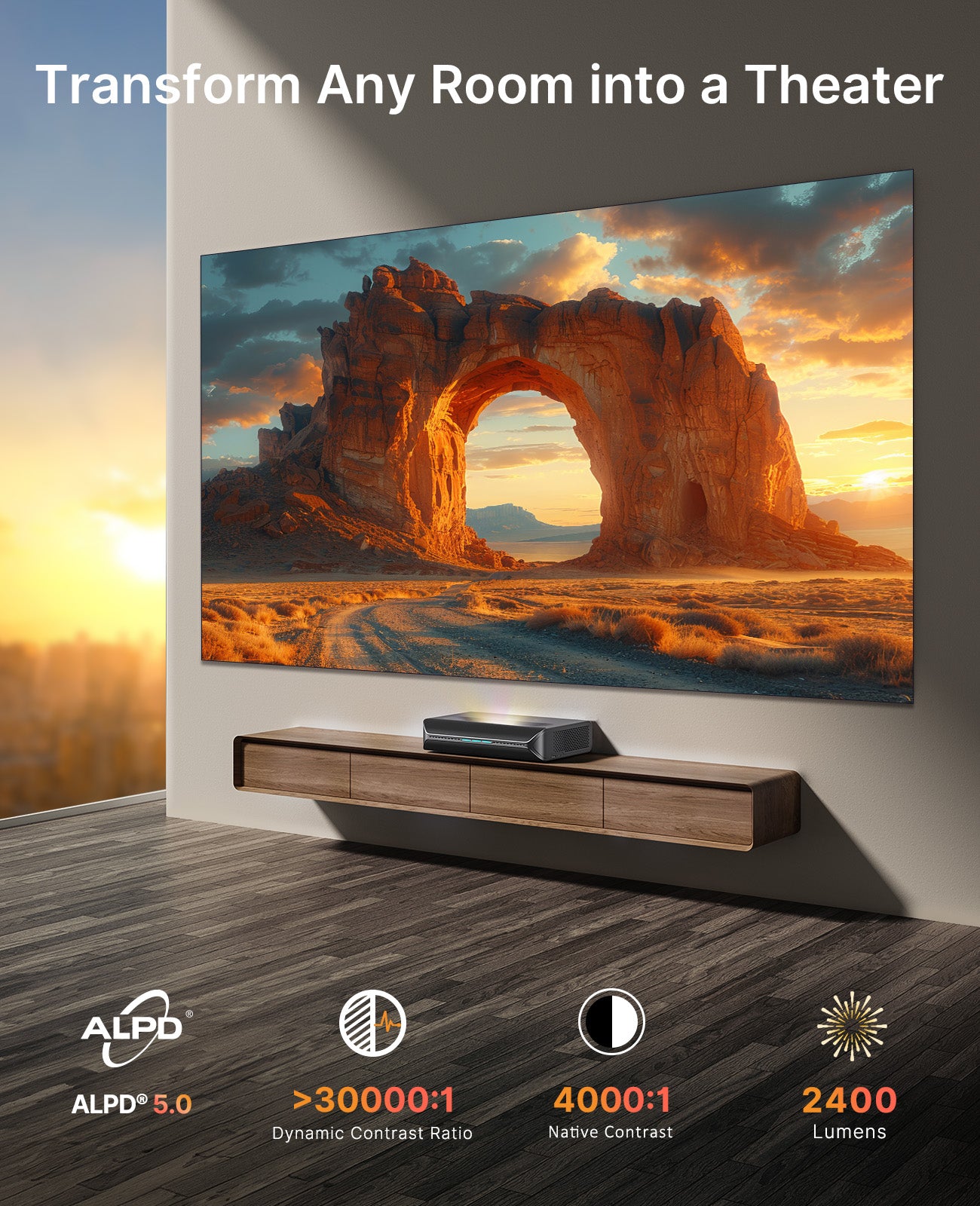 Bright living room using Aurora Pro MKII to play movies anytime.