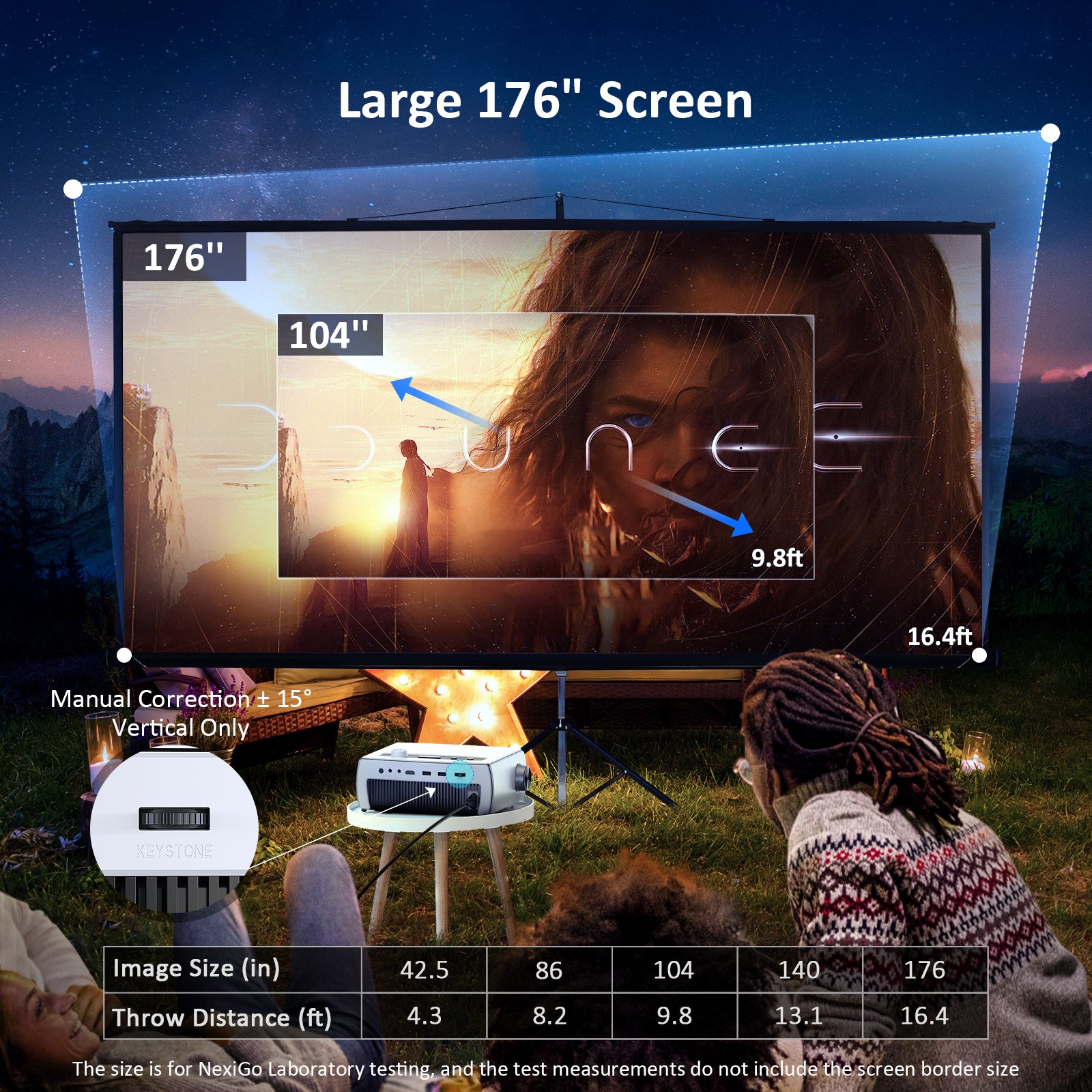 Group watching outdoors with PJ10 projector, using ±15° keystone correction.