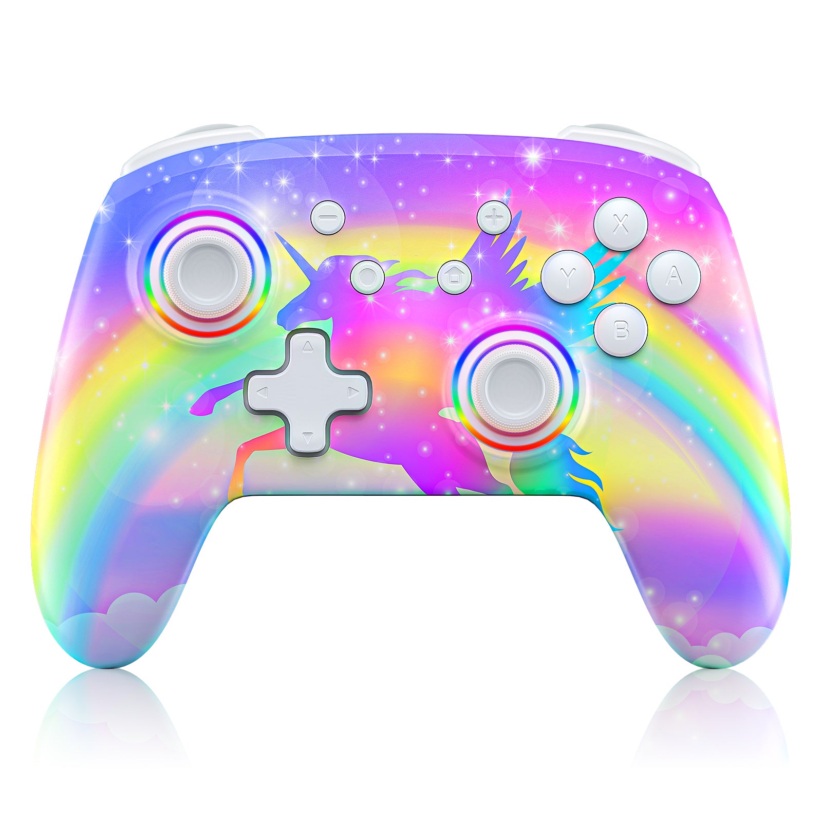 The image showcases a pink unicorn skin on the Bluetooth controller.