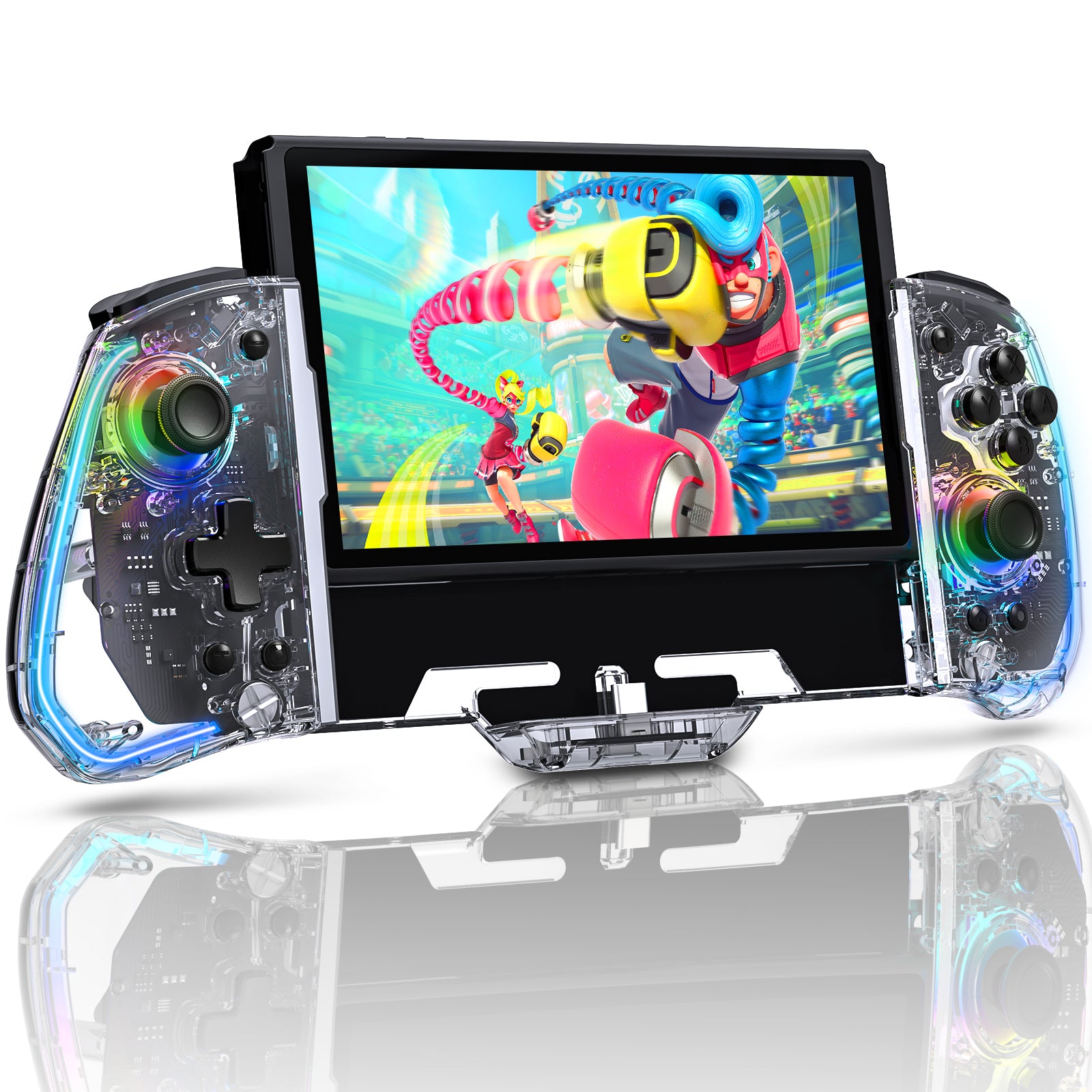 The image showcases the transparent skin and RGB lighting effects of the Bluetooth controller