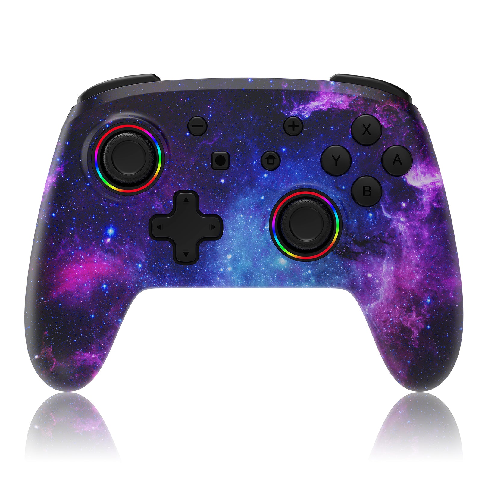 The image showcases a cool cosmic nebula skin on the Bluetooth controller.