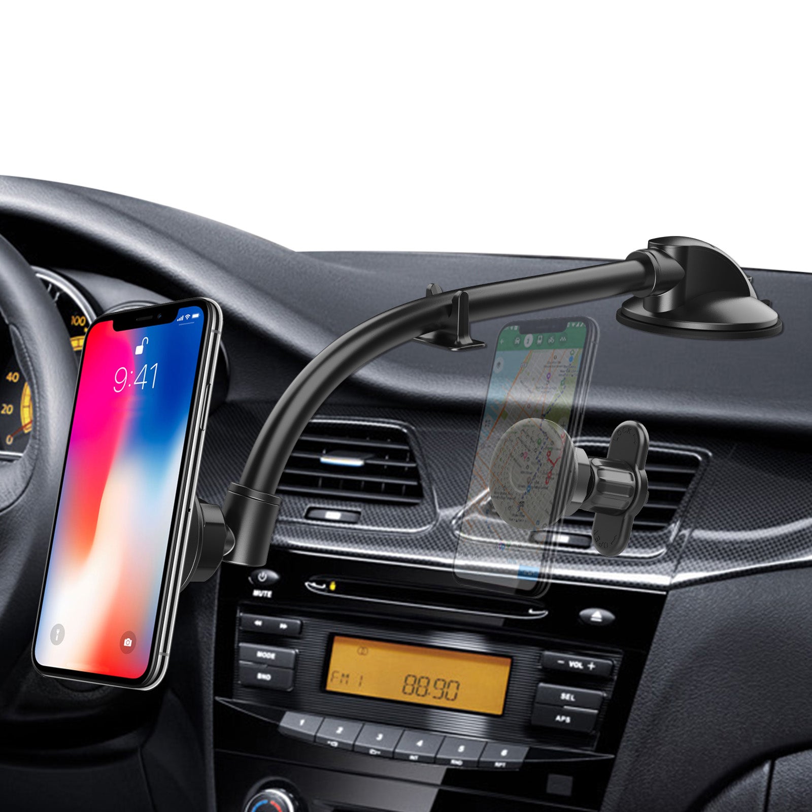 Mount displayed with a suction cup on the dashboard or clamp hook on car air vent blades.