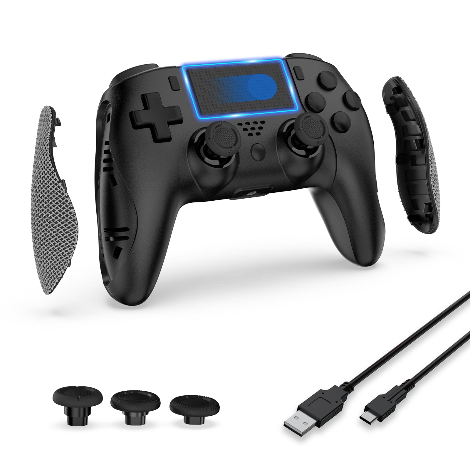 Black NexiGo Wireless Game Controller for PS4, PS4 Slim, PS4 Pro with stick caps and charging cable