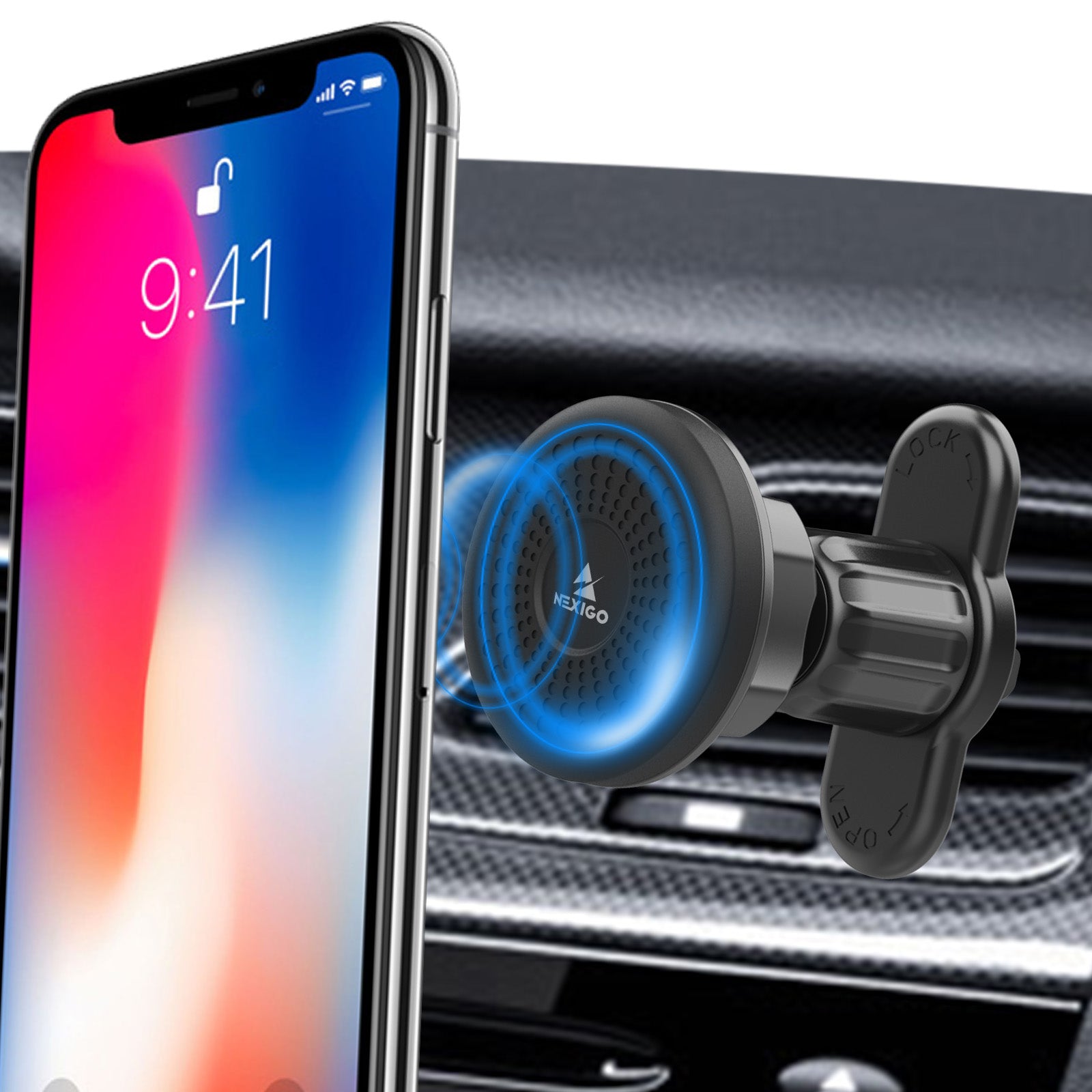 The powerful magnet on the mount securely holds your phone in place. 