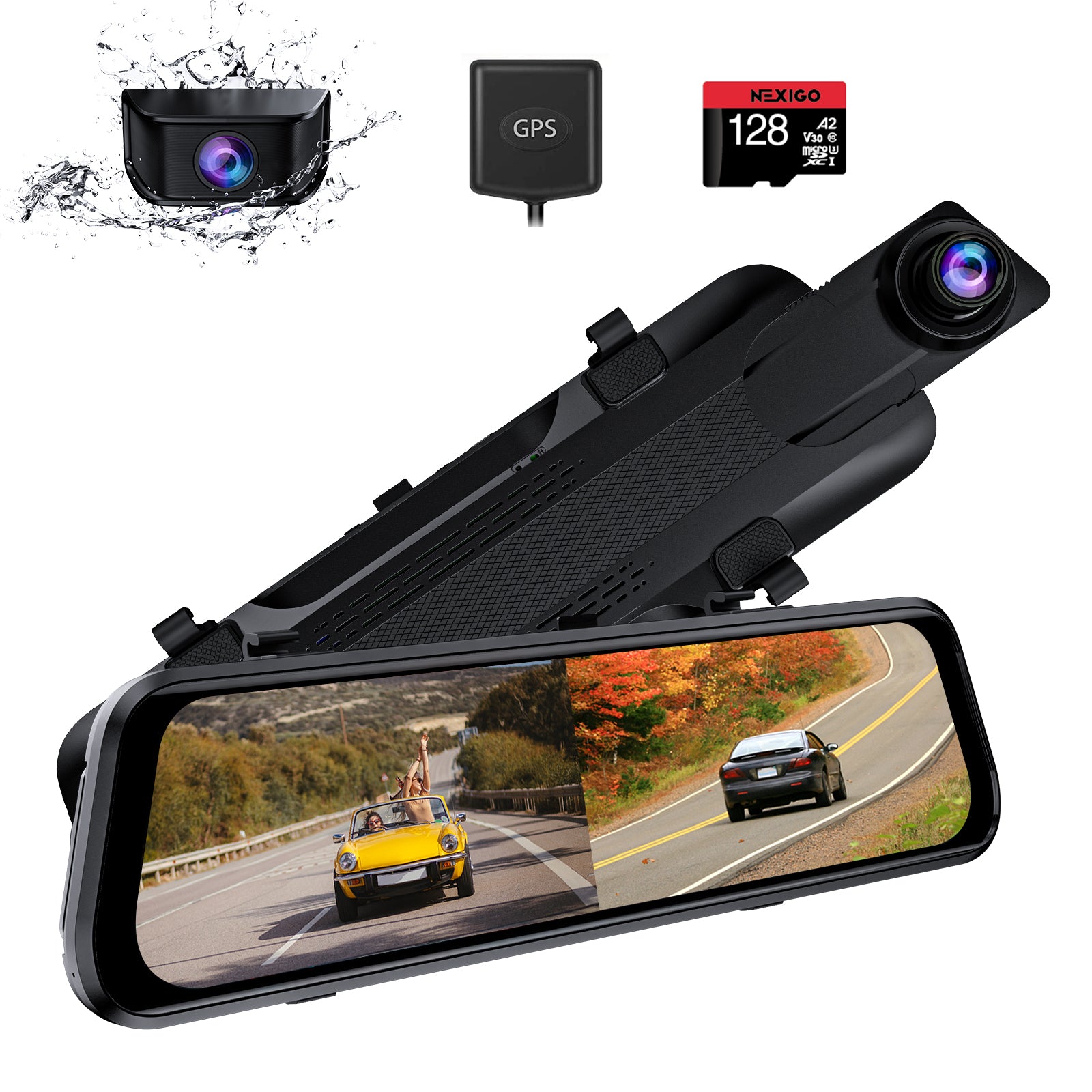 Black D81 2K dual channel mirror dash cam with GPS module and 129G SD card