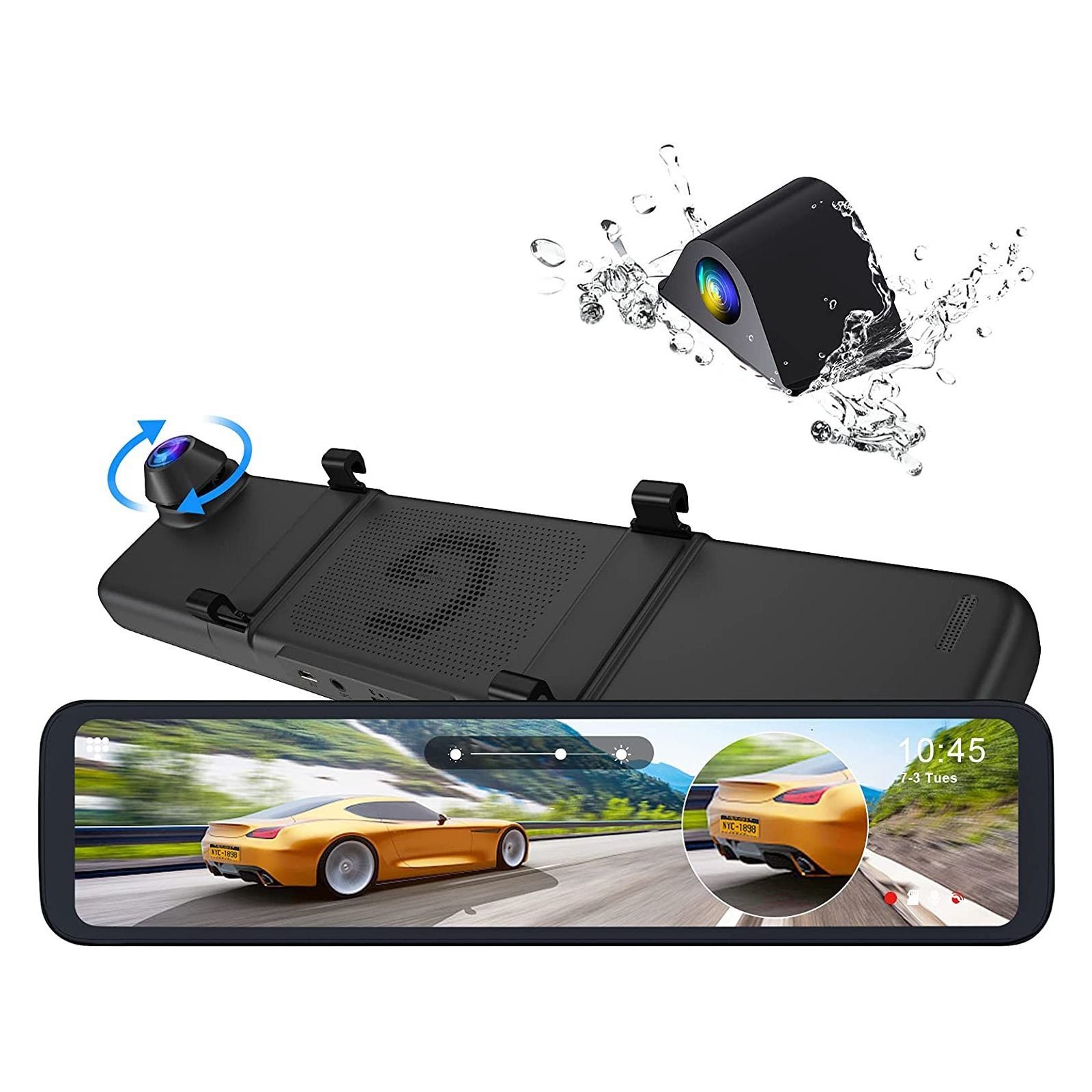 NexiGo D80 12" mirror dash cam with 2.5K front camera and 1080P waterproof rear camera. 
