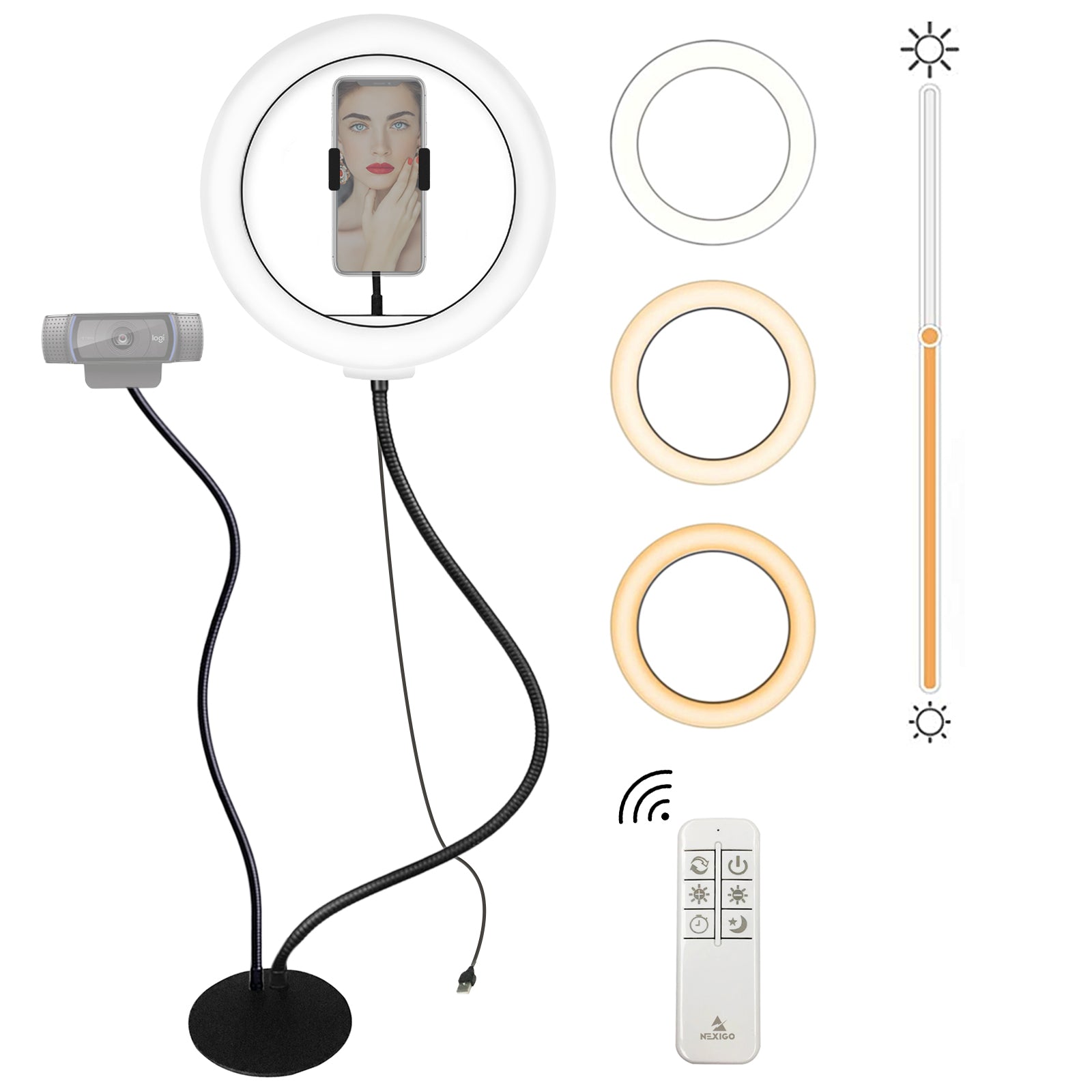 The 10'' selfie ring light with a remote allows for three different light adjustments.
