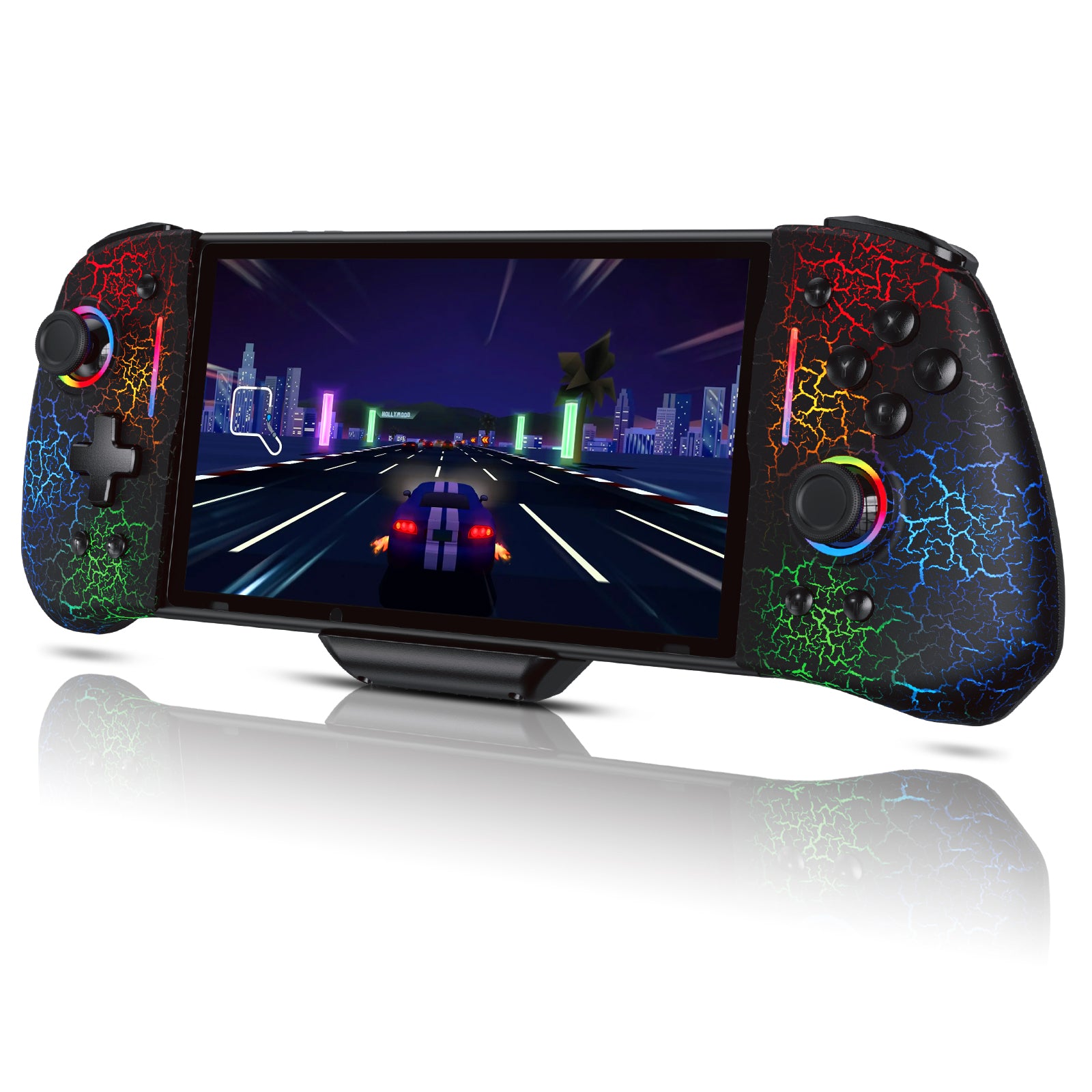 The image displays the black cracked skin and RGB lighting effects of the Bluetooth controller