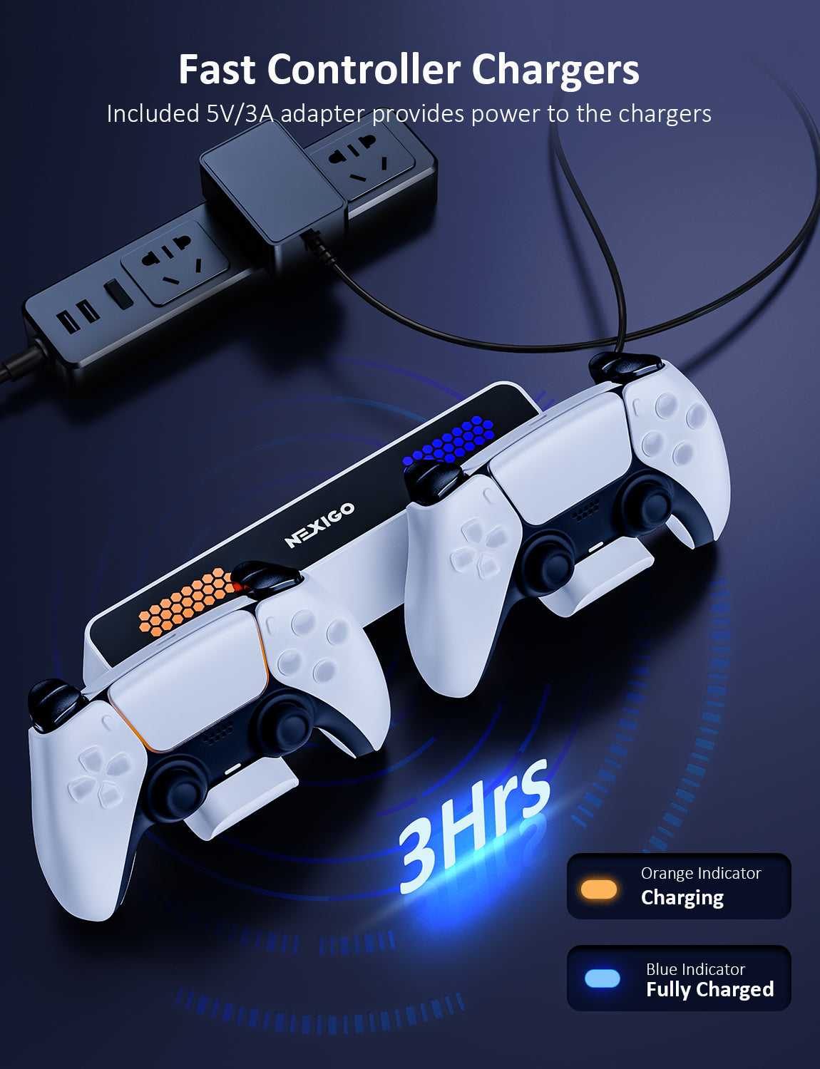 Charging dock is charging 2 PS5 controllers, Orange light for charging, Blue light for full charge.