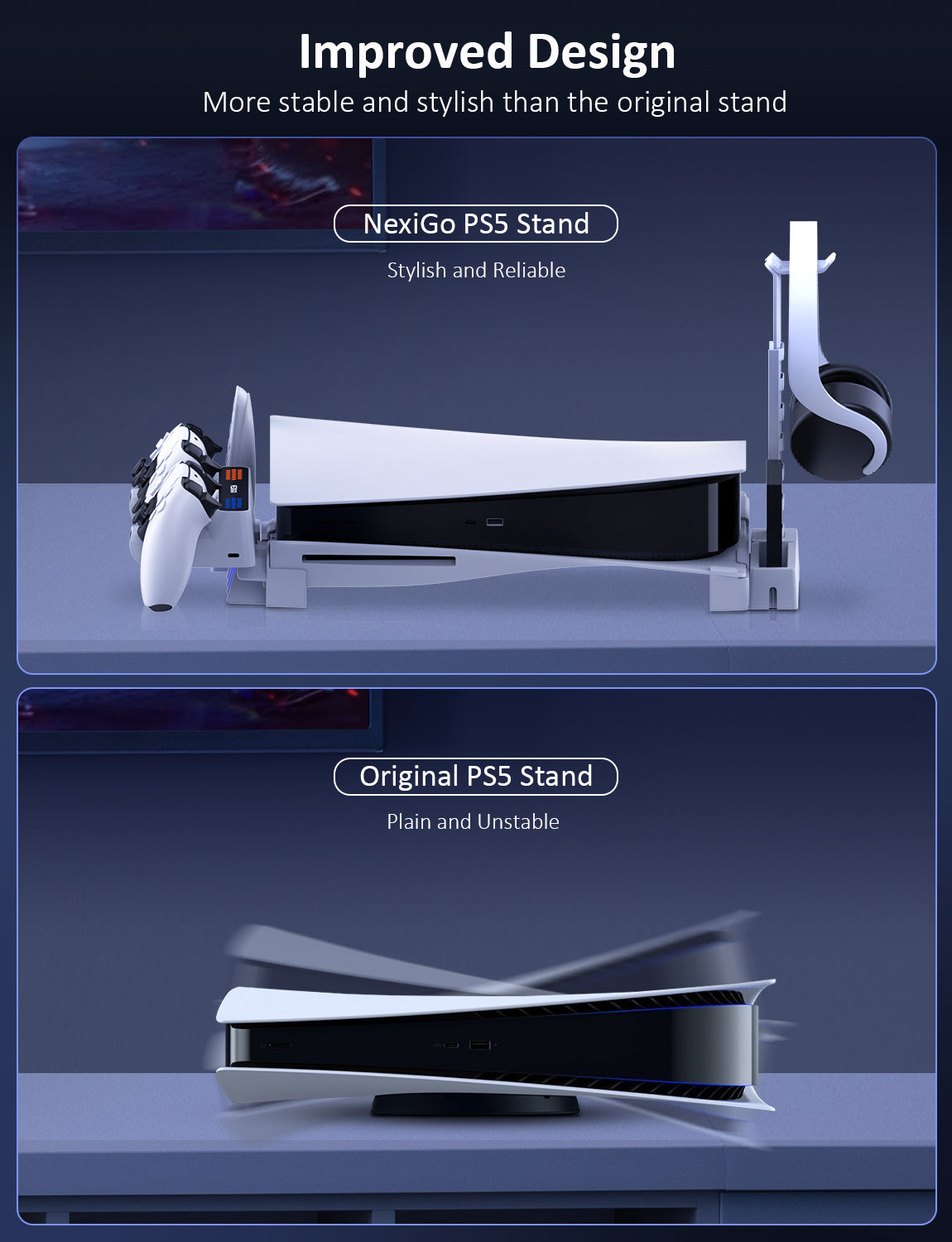 PS5 stand wobbles, but not with Modular System—sturdy and stable setup. 