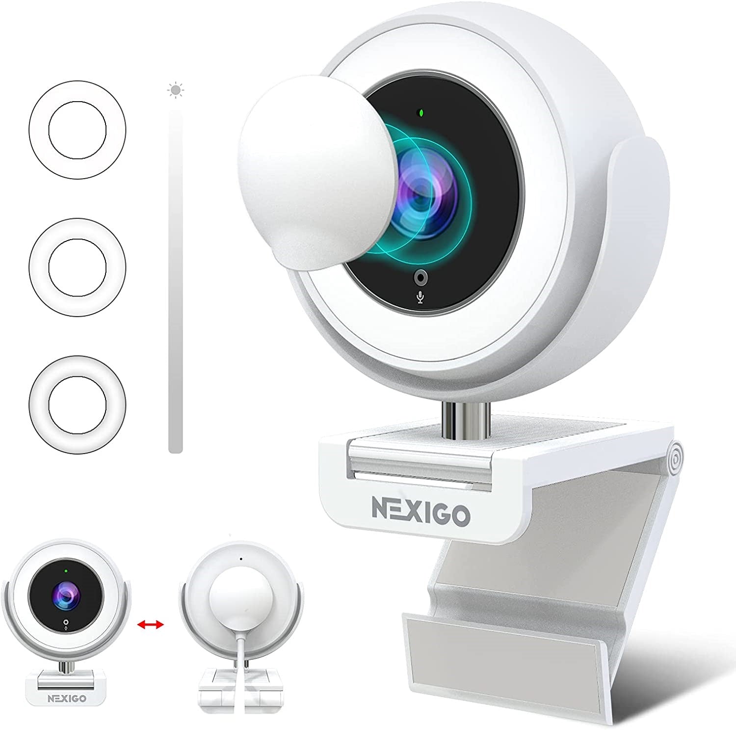 Ring Light Webcam with Adjustable Brightness and Magnetic Privacy Cover (White)