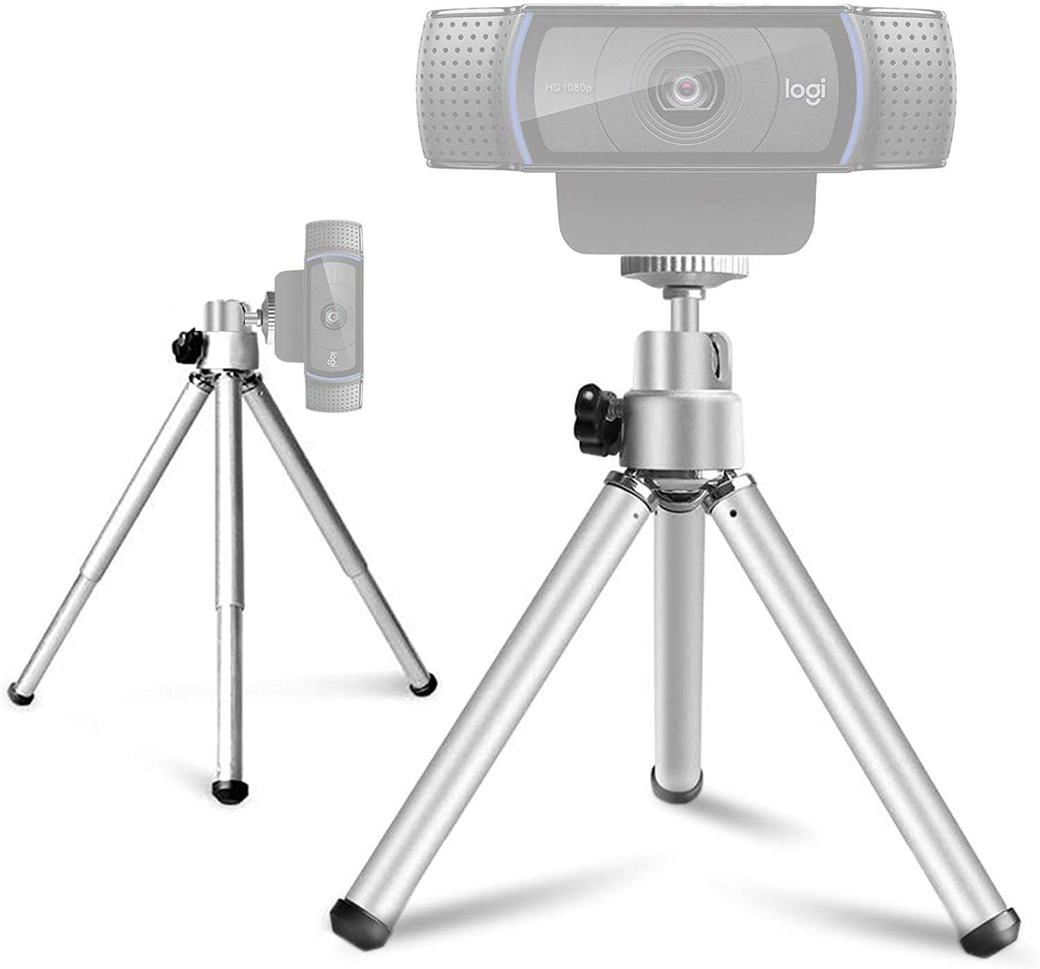 A silver webcam tripod with a rotatable top.