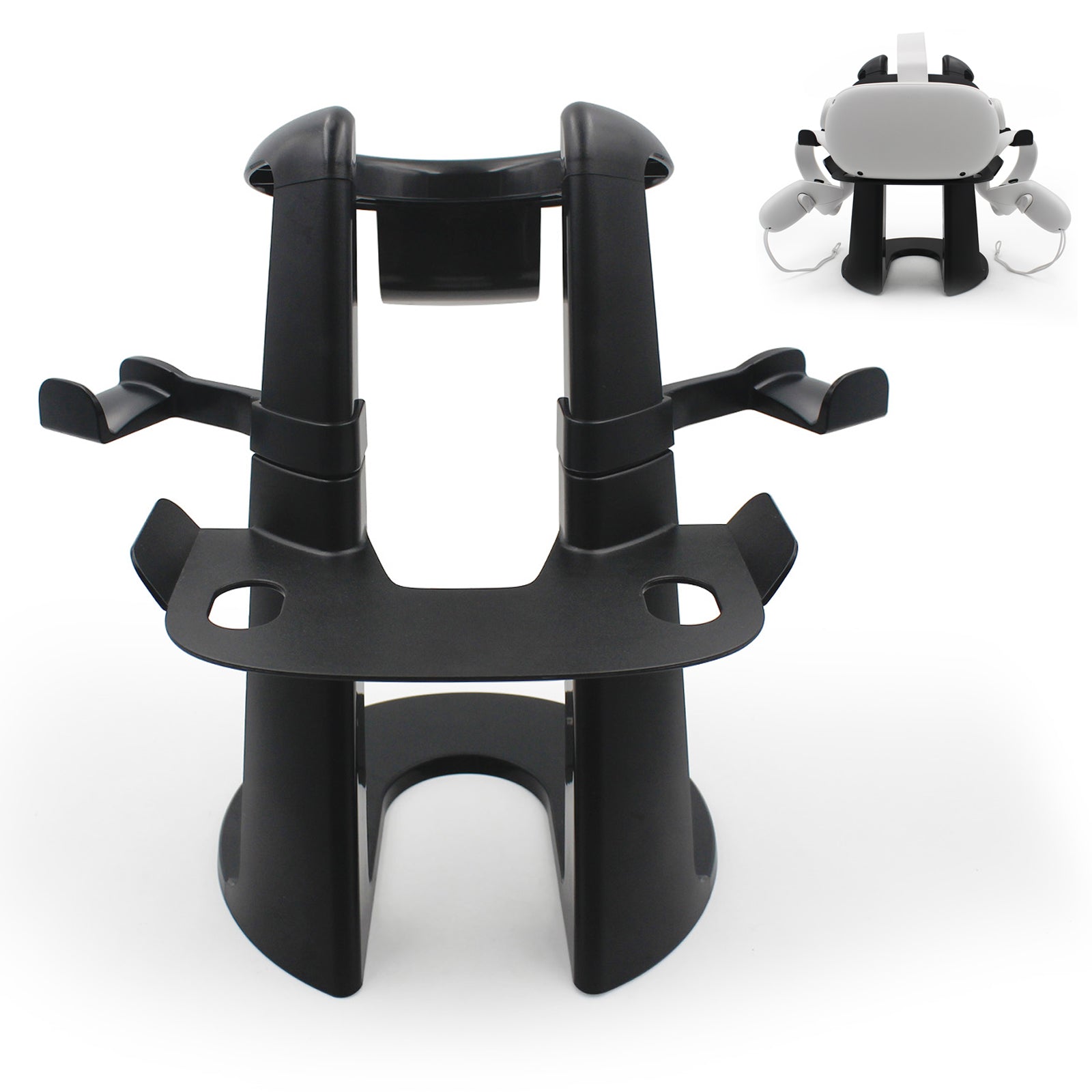 Black VR headset and controller stand.