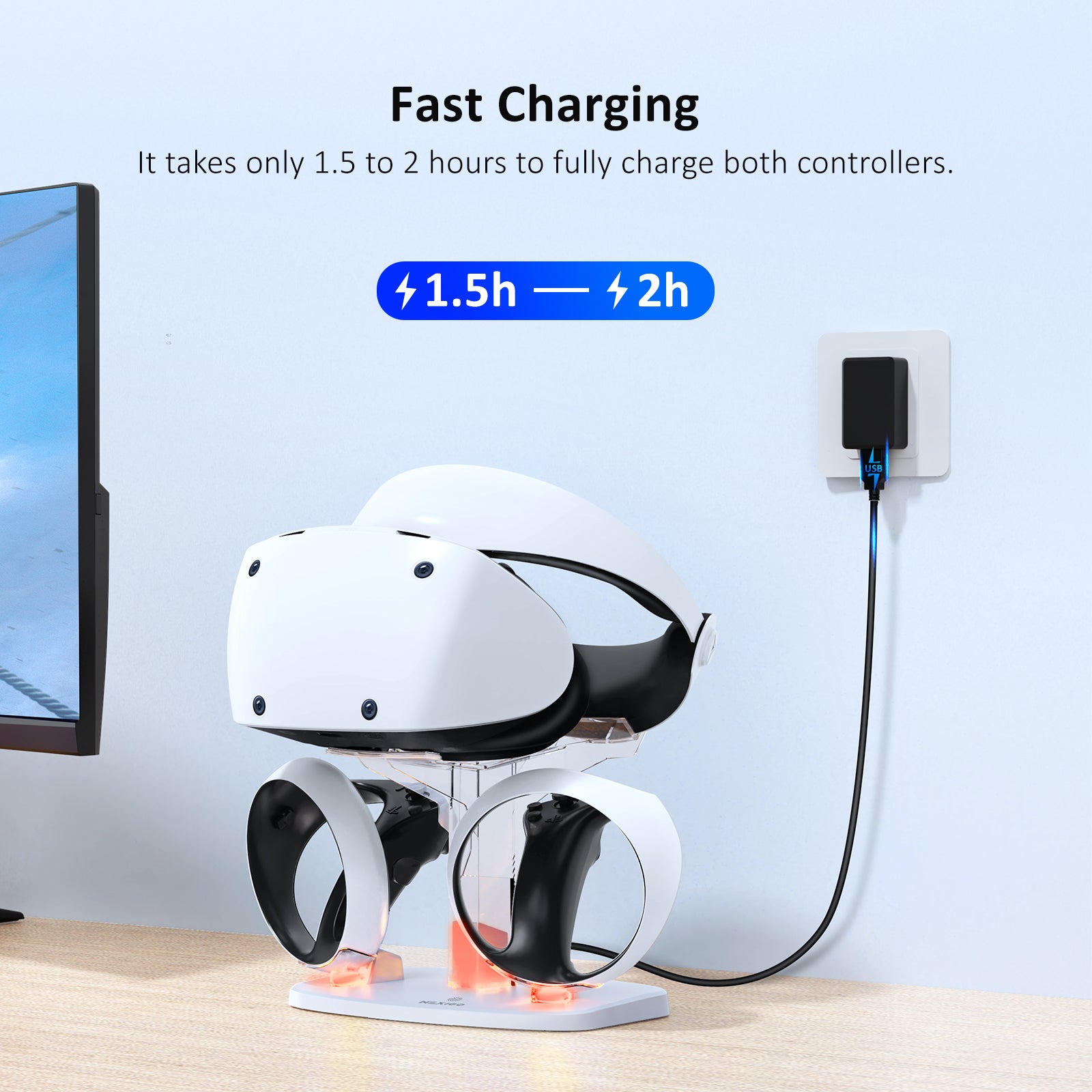 Fast charging with power adapter, only 1.5 to 2 hours to fully charge both controllers.