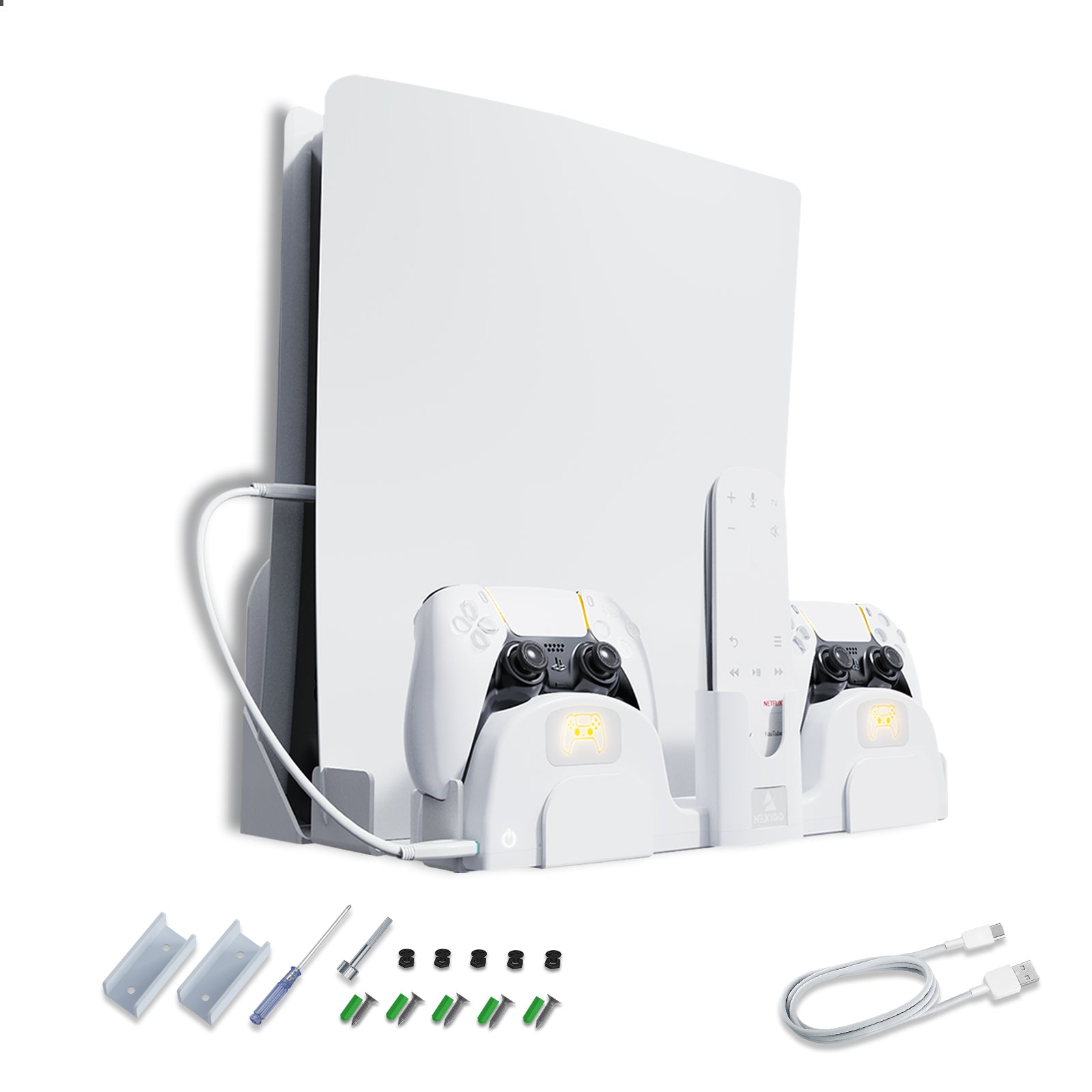 NexiGo PS5 Wall Mount with Controller Charger, including screws, charging cable, and screwdriver.