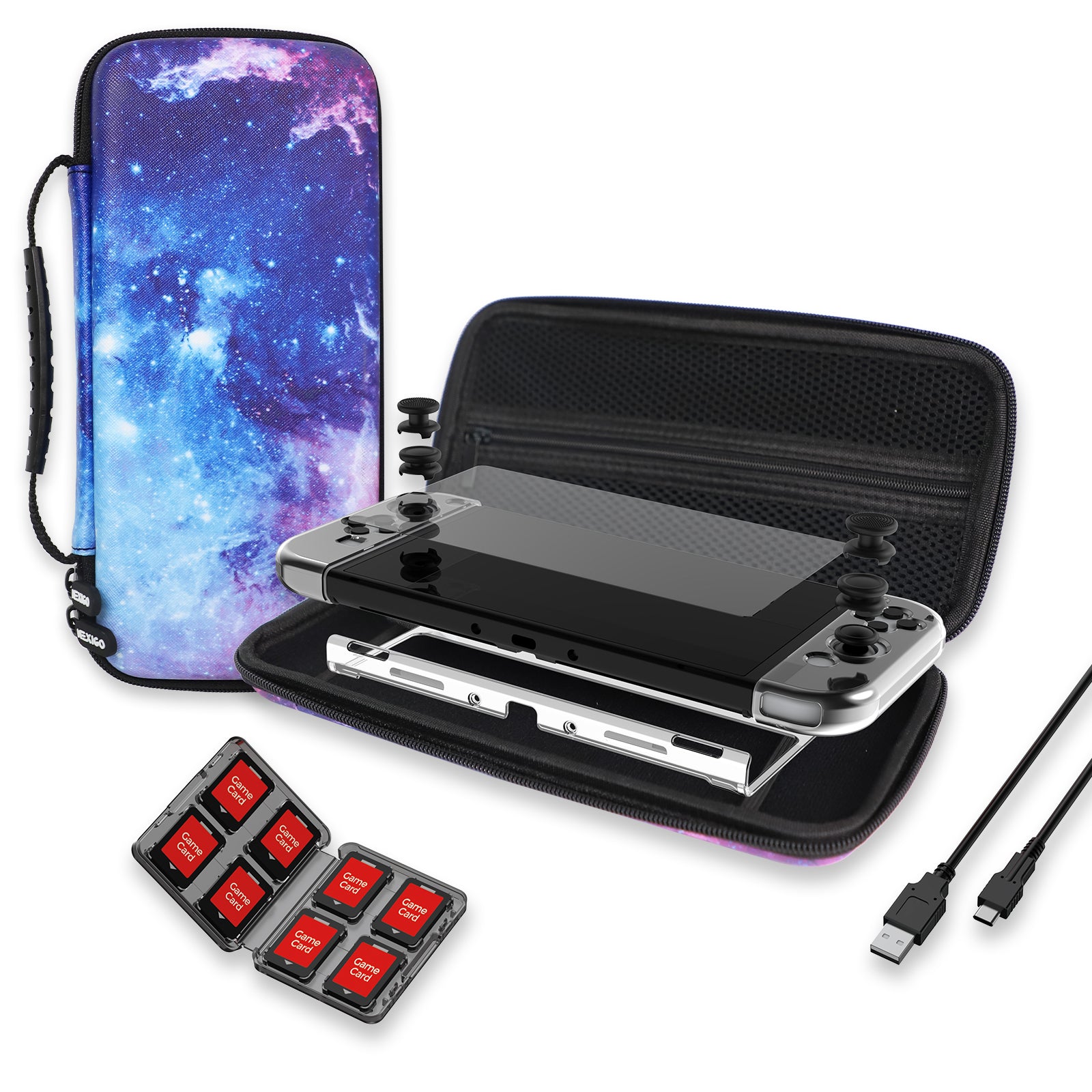 Galaxy Carry Case for Switch OLED with screen protector, charging cable, Thumbstick Caps.