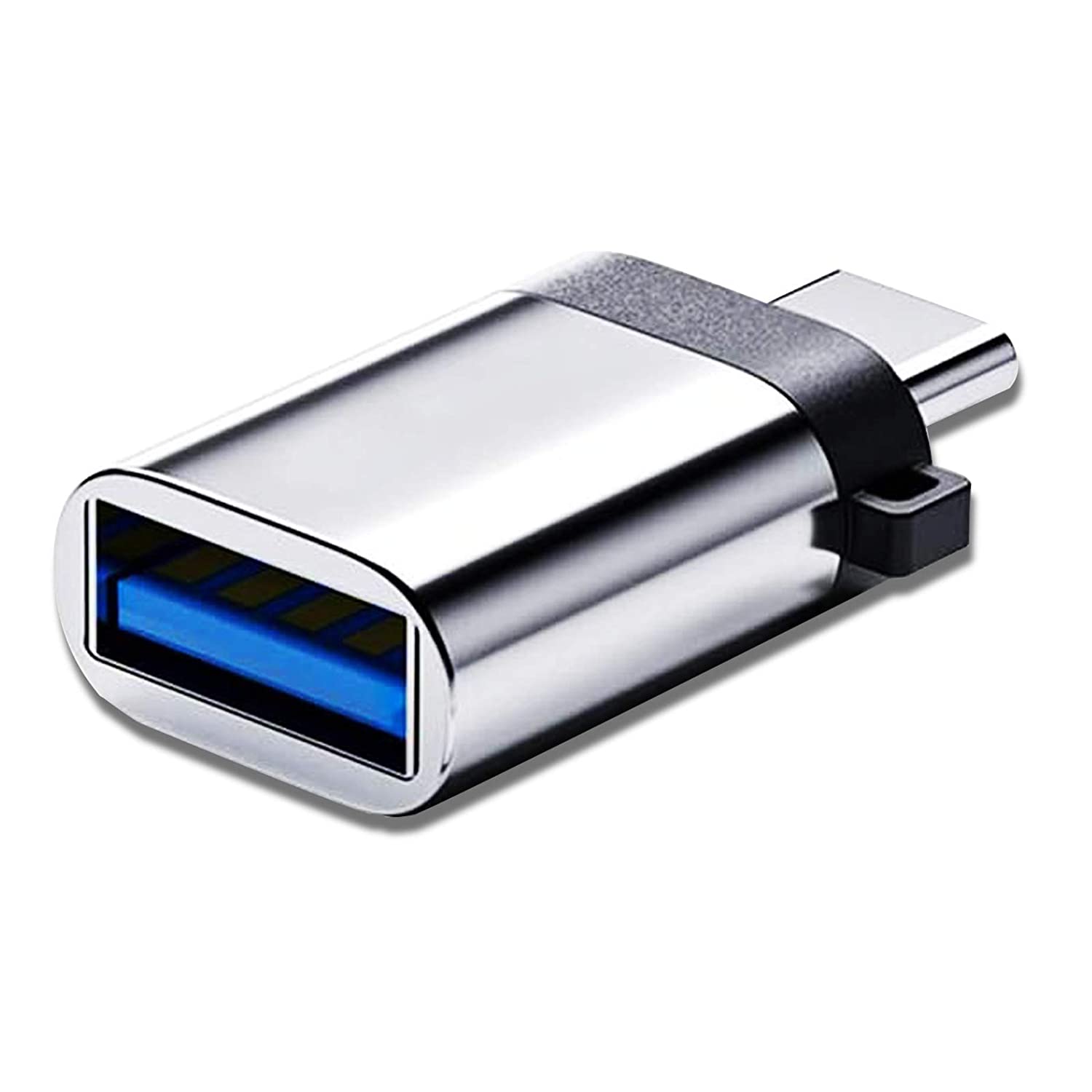 A silver USB-C to USB-A adapter