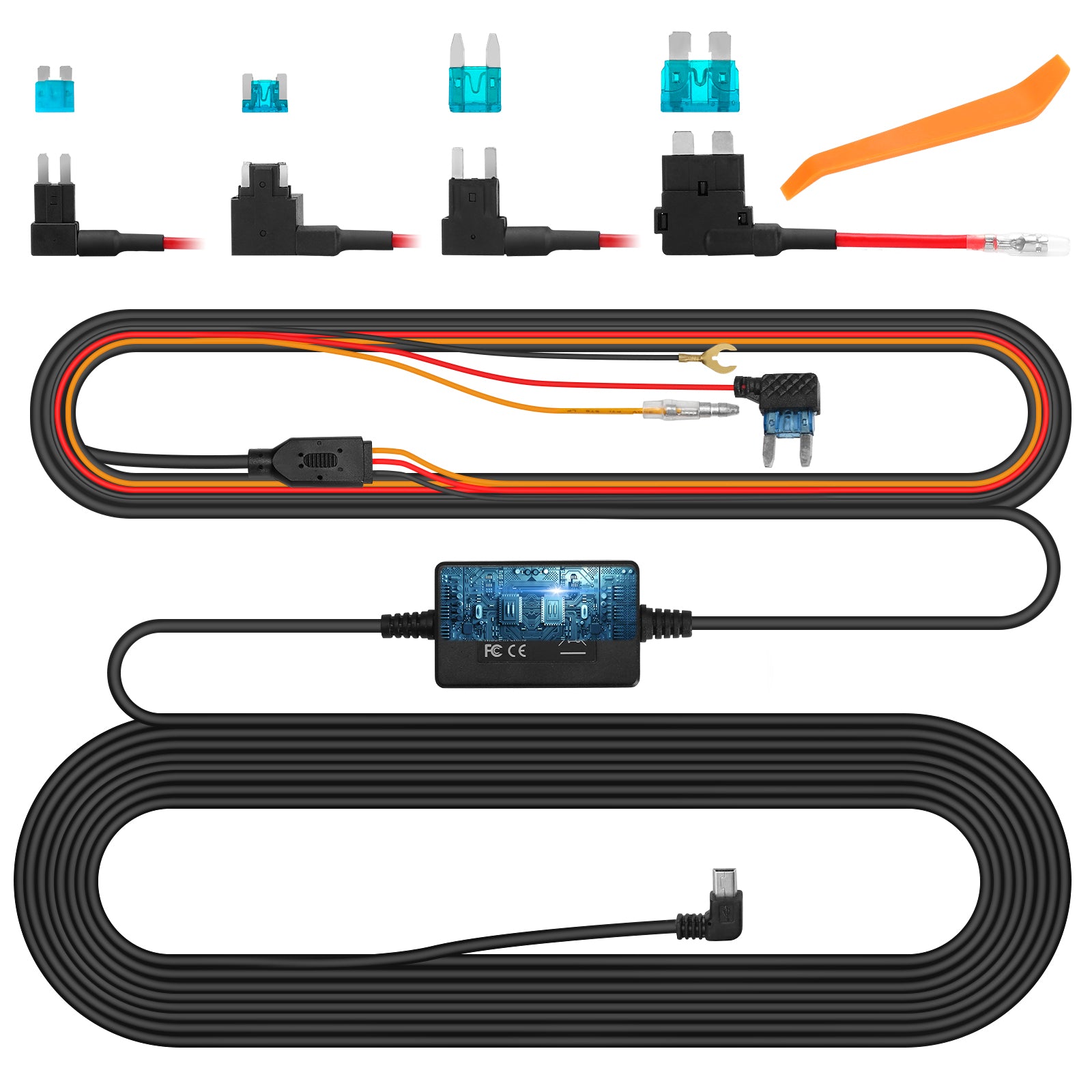 Dash Cam Hardwire Kit with 4 x Fuse Taps, 4 x Blade Fuses and 1 x Pry Tool.