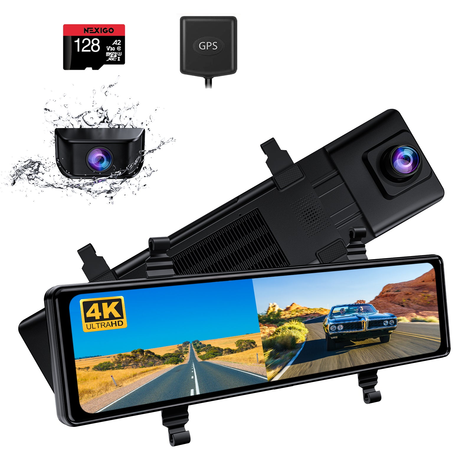 D90 4k black dual dash cam with front and rear view mirror, equipped with GPS module and 128GB card.