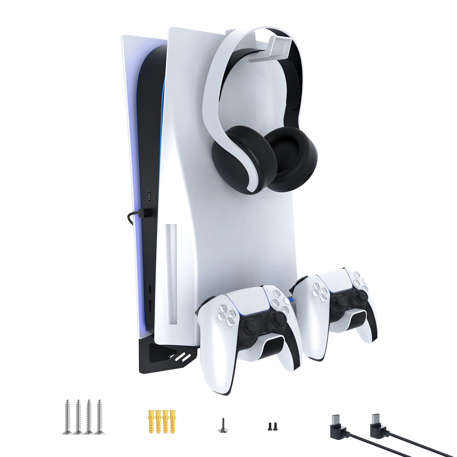 The PS5 Wall Mount Kit includes a charging station, screws, a cable, and a headphone holder.