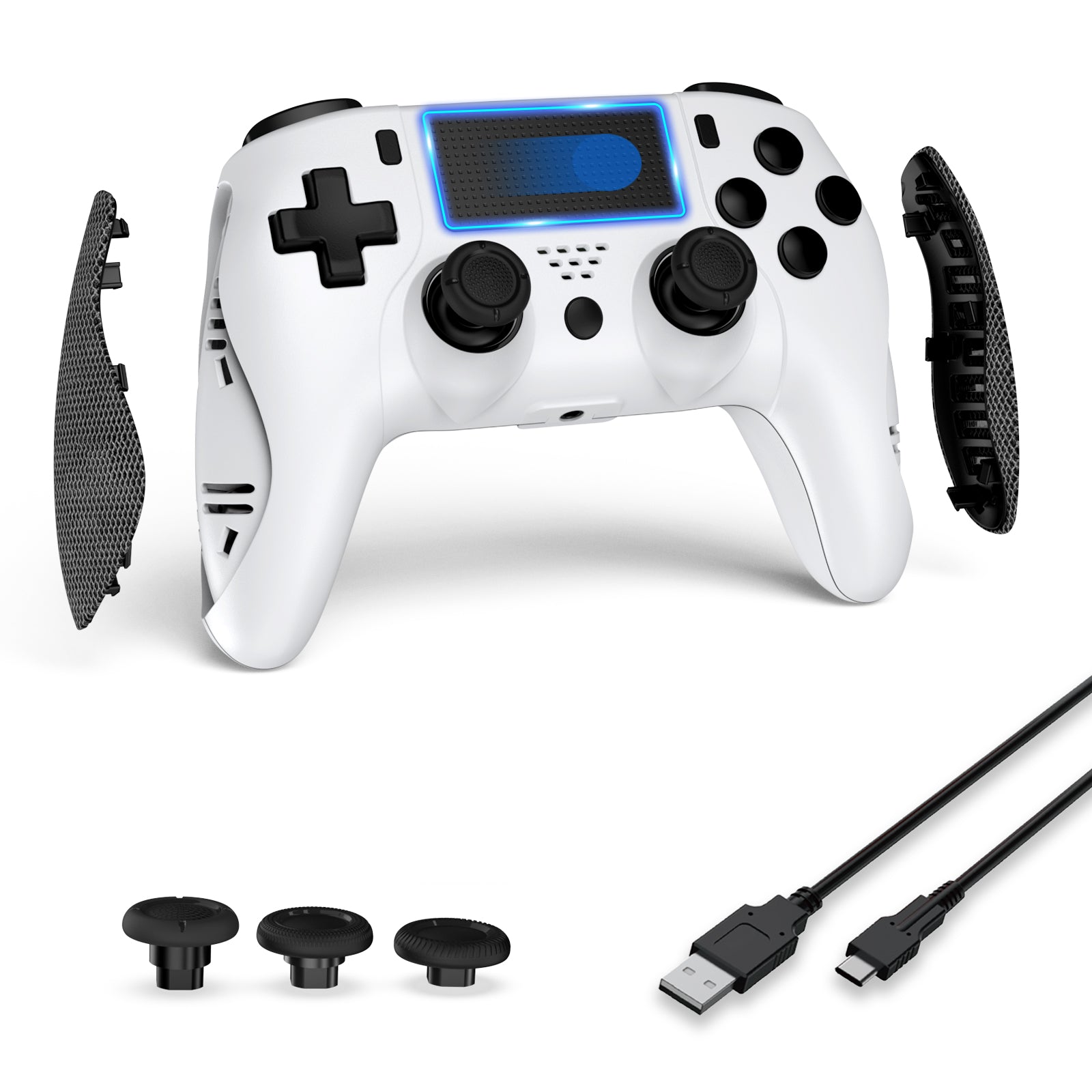White NexiGo Wireless Game Controller for PS4, PS4 Slim, PS4 Pro with stick caps and charging cable
