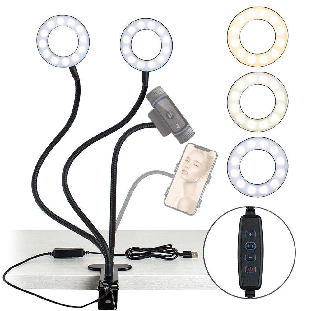 Black Dual Selfie Ring Light with 3 Lighting Modes and phone/webcam holder.
