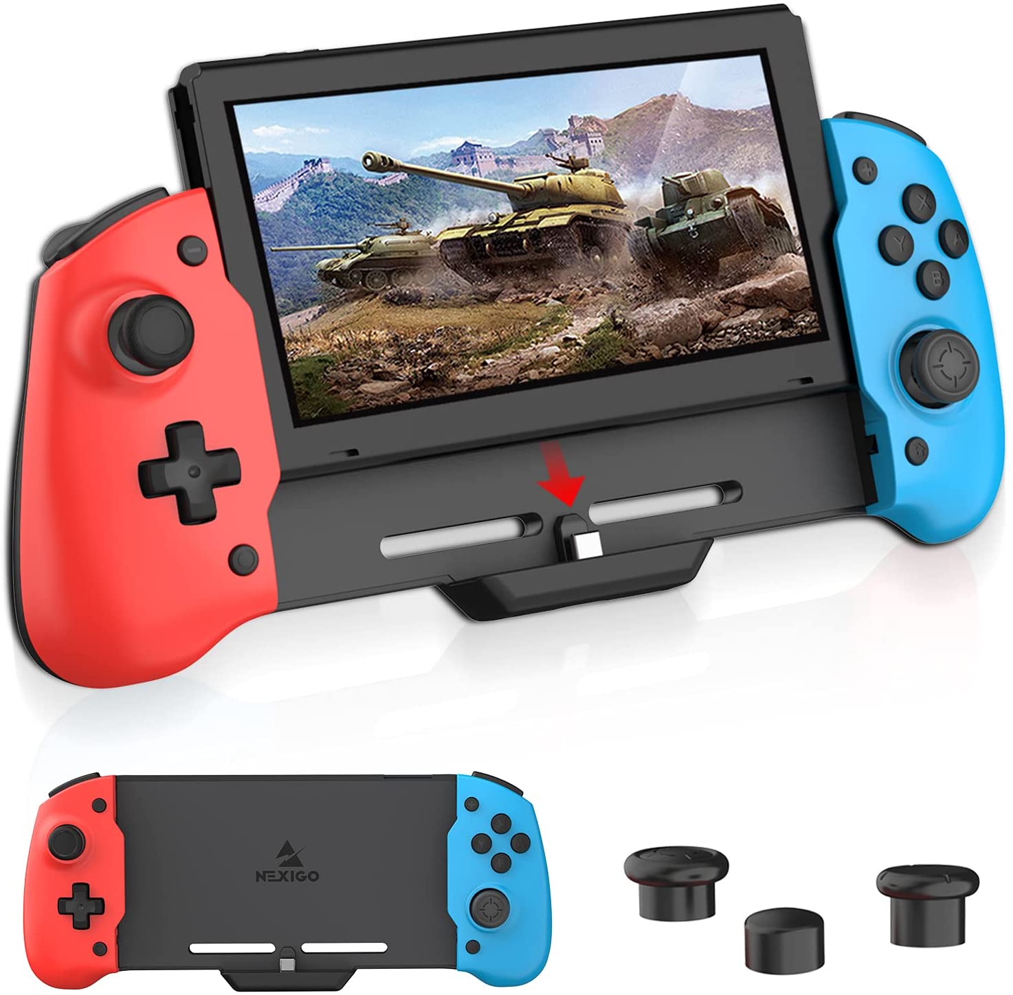 NexiGo Switch Controller for Handheld Mode with Replacement Keycap (Red&Blue)