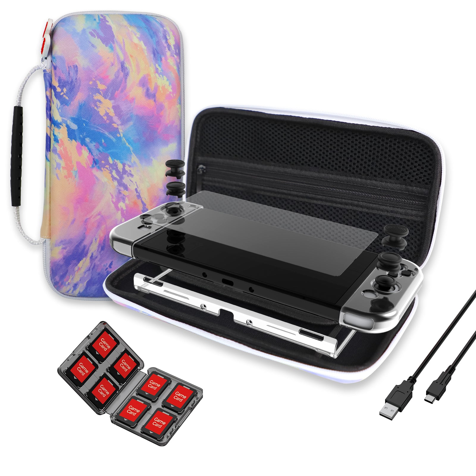 Sunset Carry Case for Switch OLED with screen protector, charging cable, Thumbstick Caps.