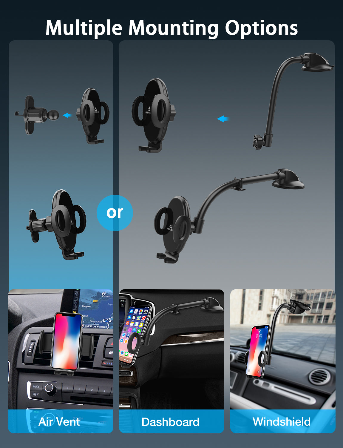 Mount with hook and suction cup installation options. Install on air vent, dashboard, or windshield.