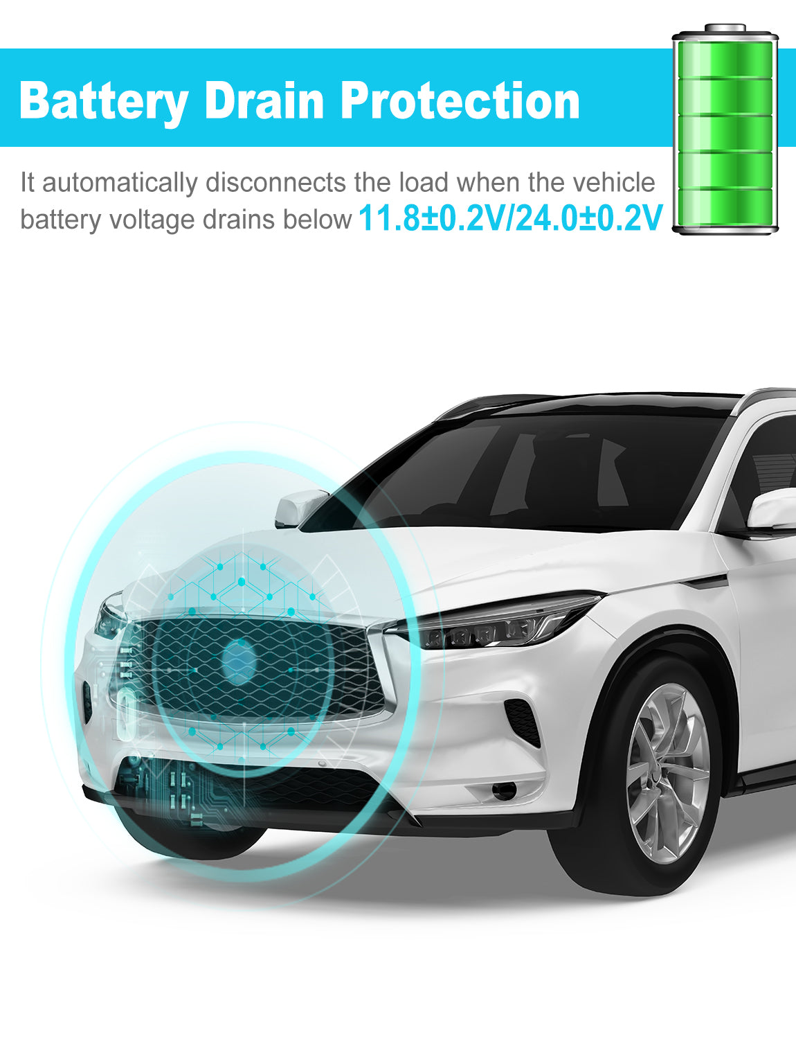 Automatically disconnects load when vehicle battery voltage falls below 11.8+0.2V/24.0+0.2V. 