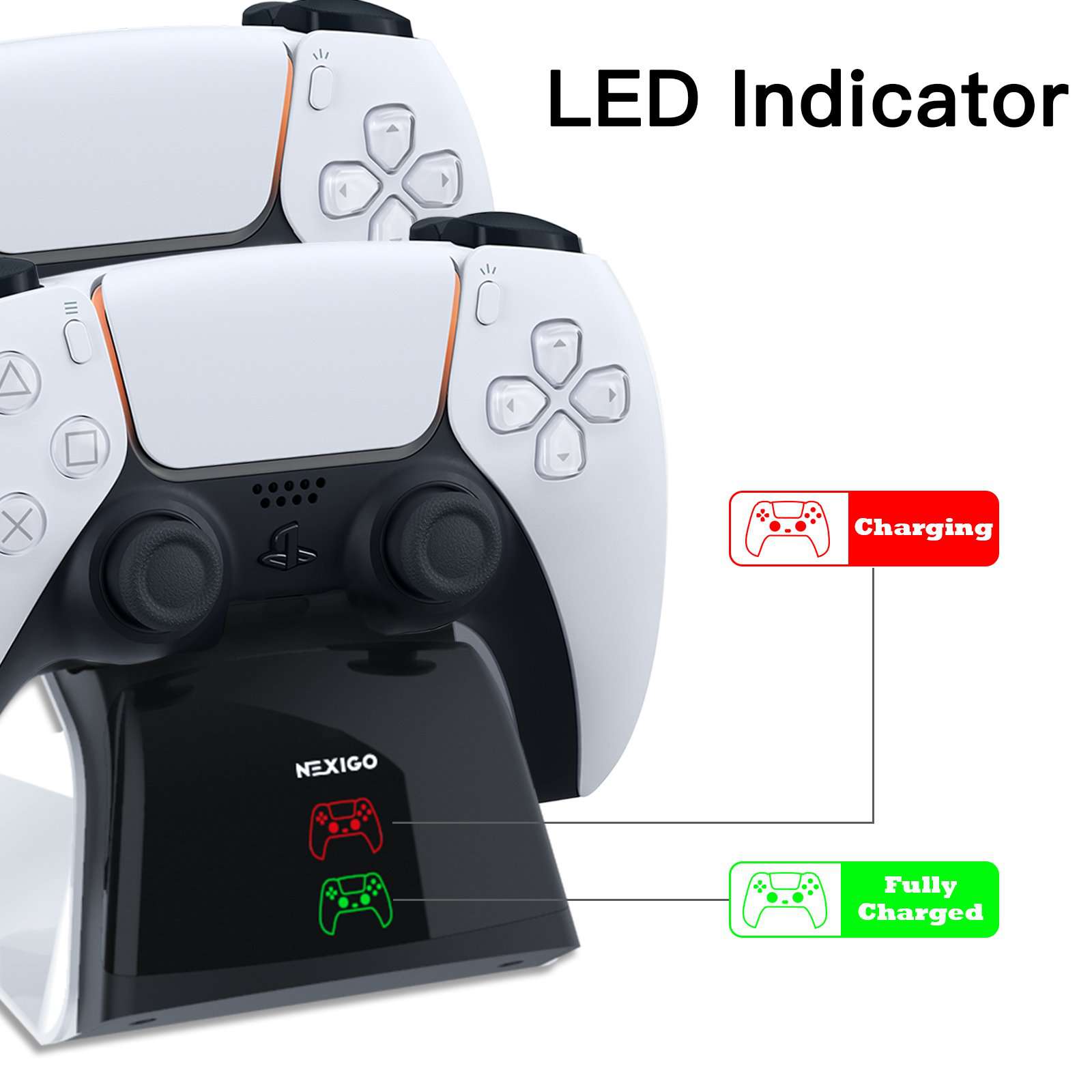 PS5 controller charging station with dual LED indicators: red for charging, blue for a full charge