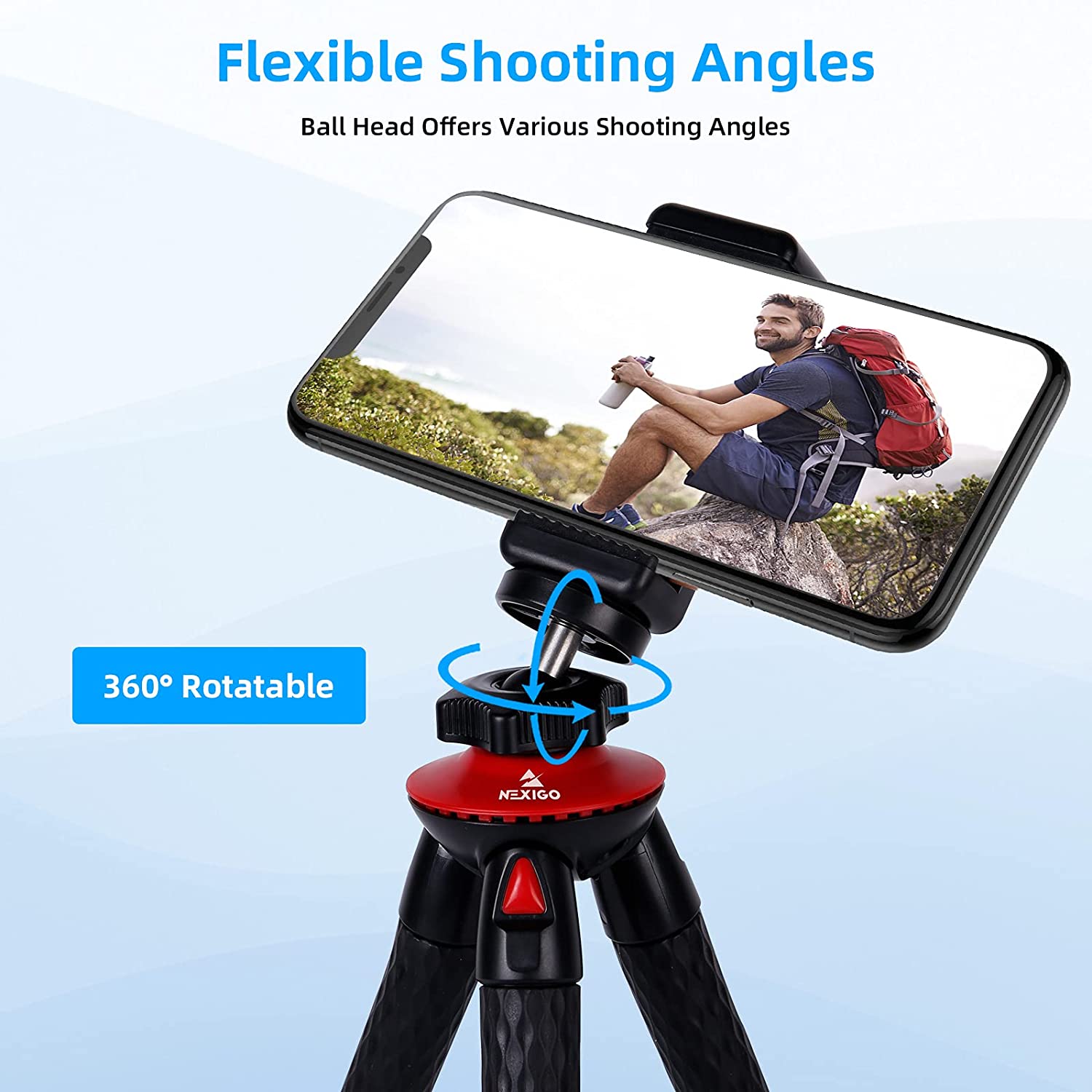 You can place your phone on the holder, and it can be rotated 360 degrees to adjust the shooting angle of the phone.