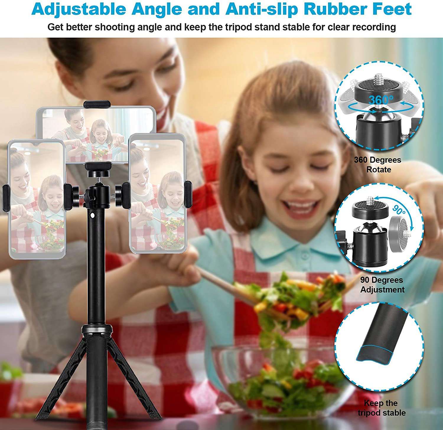 Mini tripod for mobile phones and cameras, with 360¡ã rotation, 90¡ã adjustment, and anti-slip design.