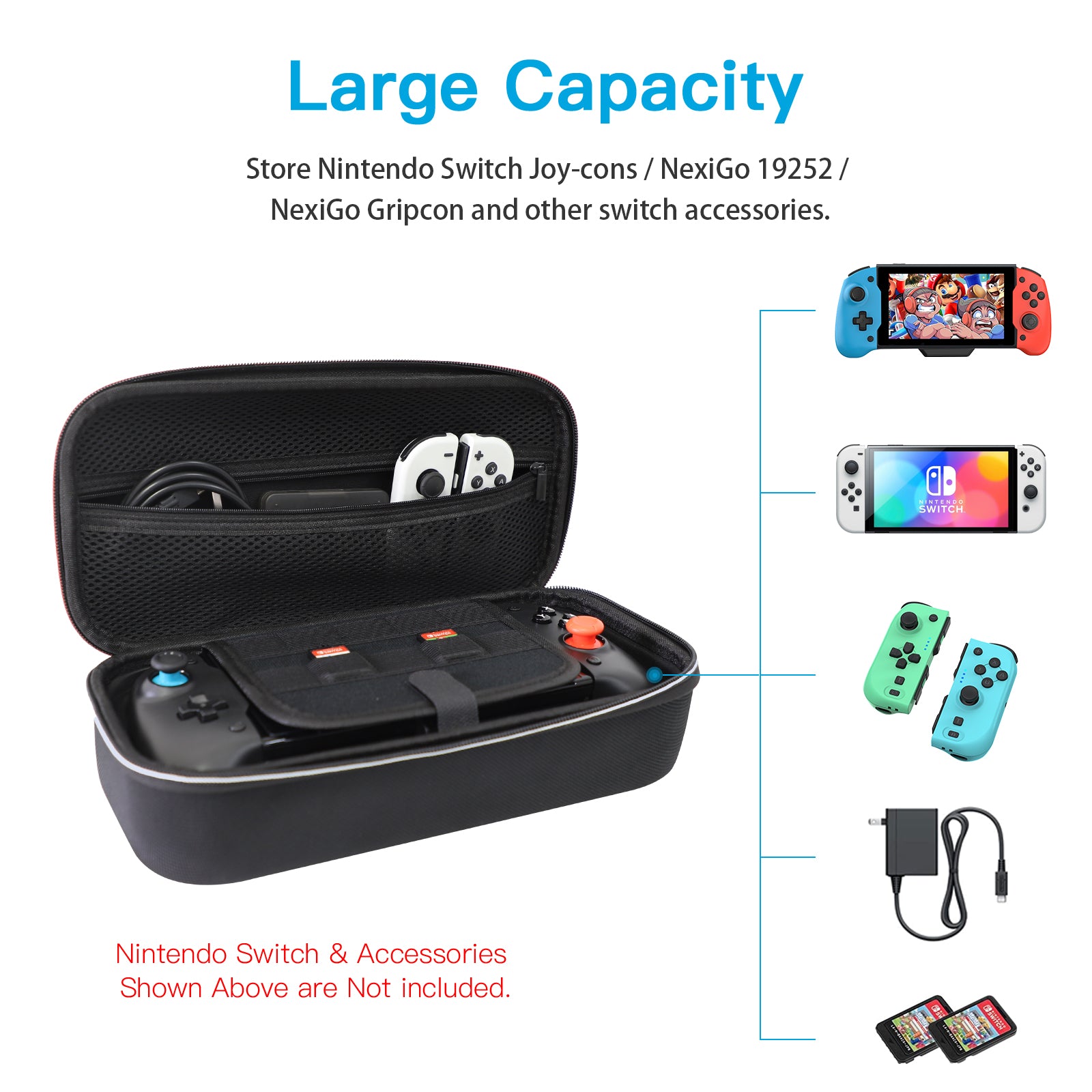 The case's can accommodates Joy-cons,19252, NexiGo Gripcon, and other switch accessories. 