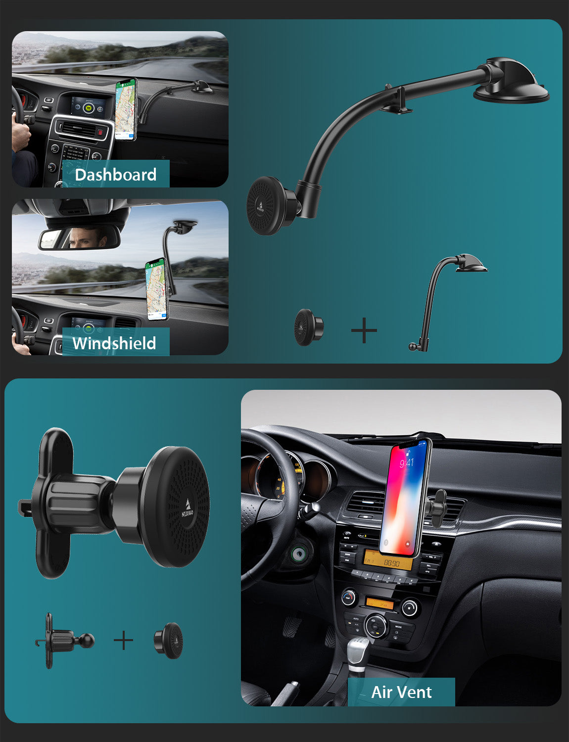 The image showcases three application scenarios: mounted on the dashboard, windshield, and air vent.