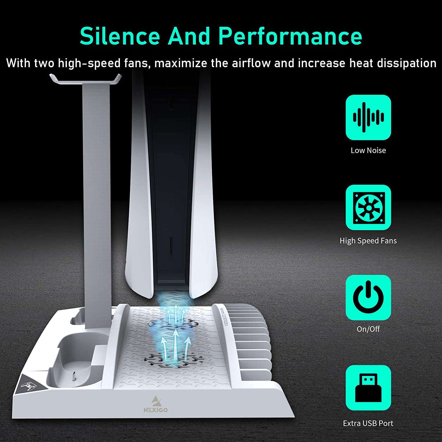 PS5 charging dock with dual silent fans for efficient cooling.