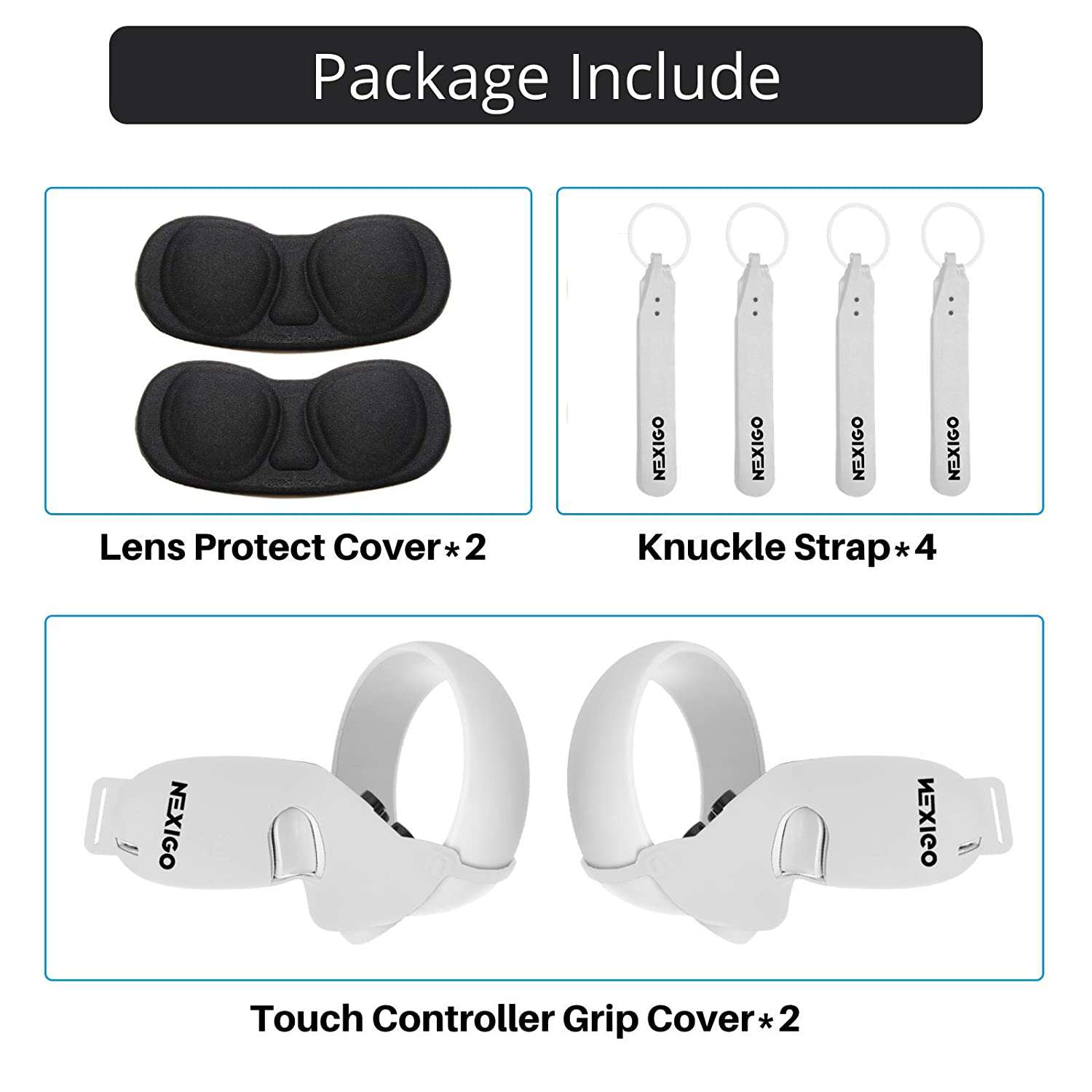 The package includes 2 Lens Protect Covers, 4 Knuckle Straps, and 2 Touch Controller Grip Covers.