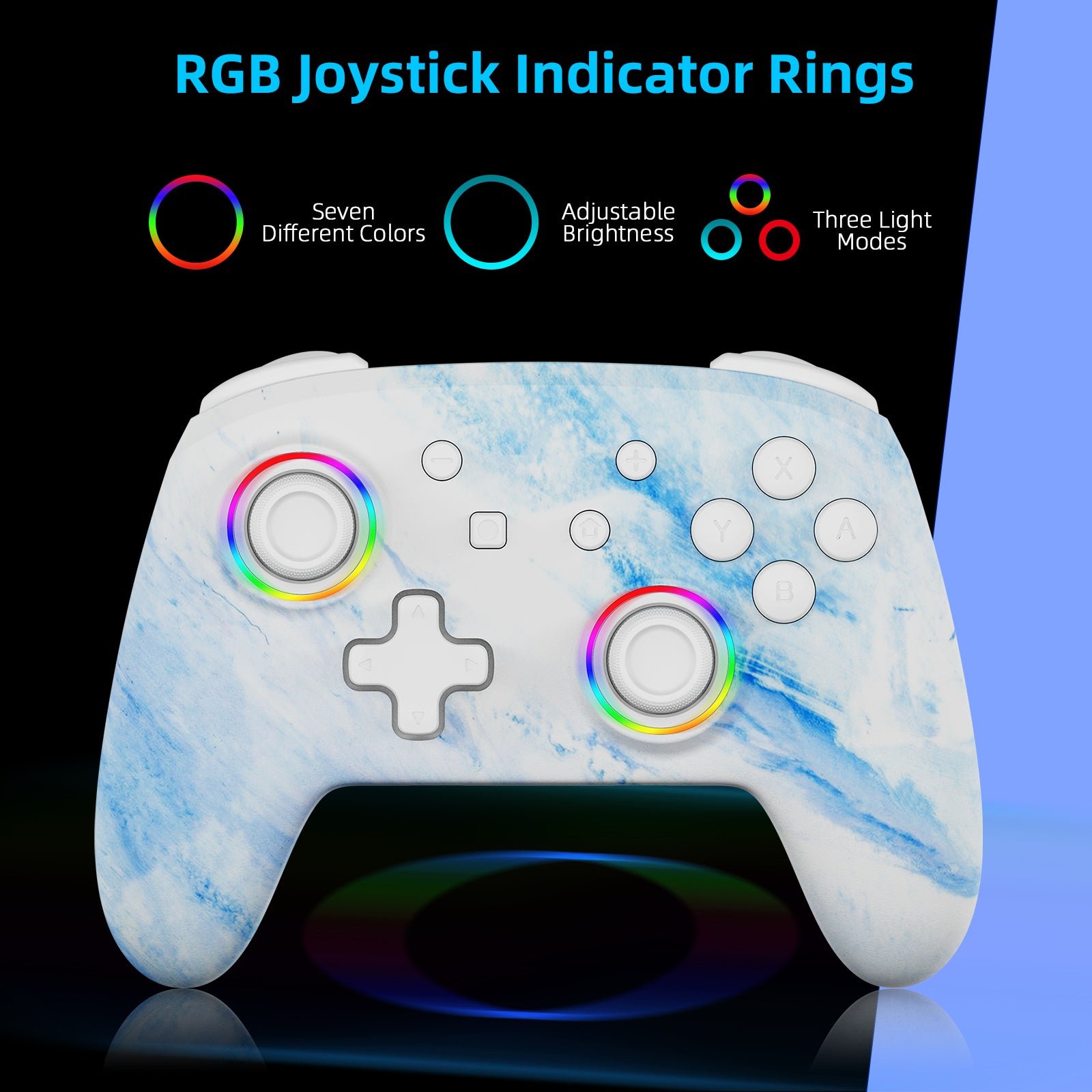 Customizable RGB ring light on the controller, with 7 colors and 3 lighting modes.