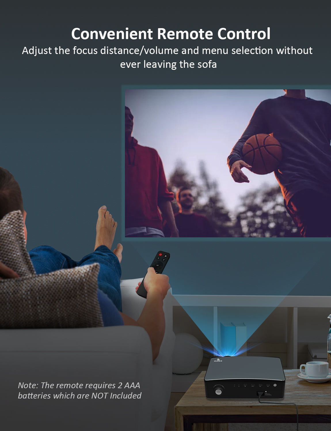 A people is using the projector remote control to watch movies on the projector in the living room. 