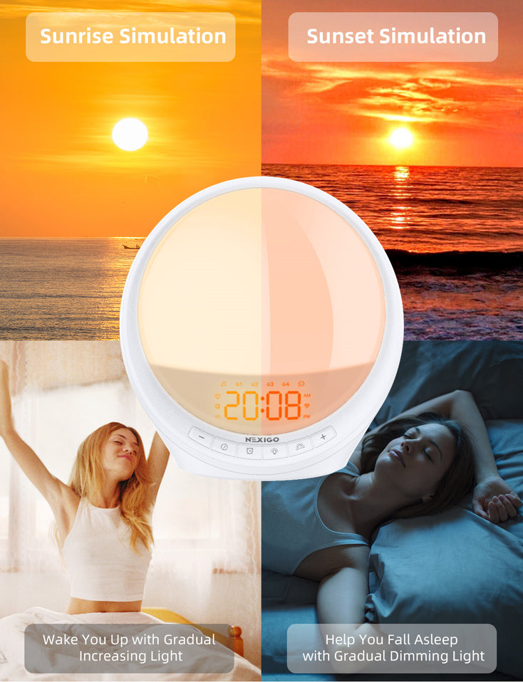 Simulates sunrise to gently wake you up; sunset mode helps you fall asleep.