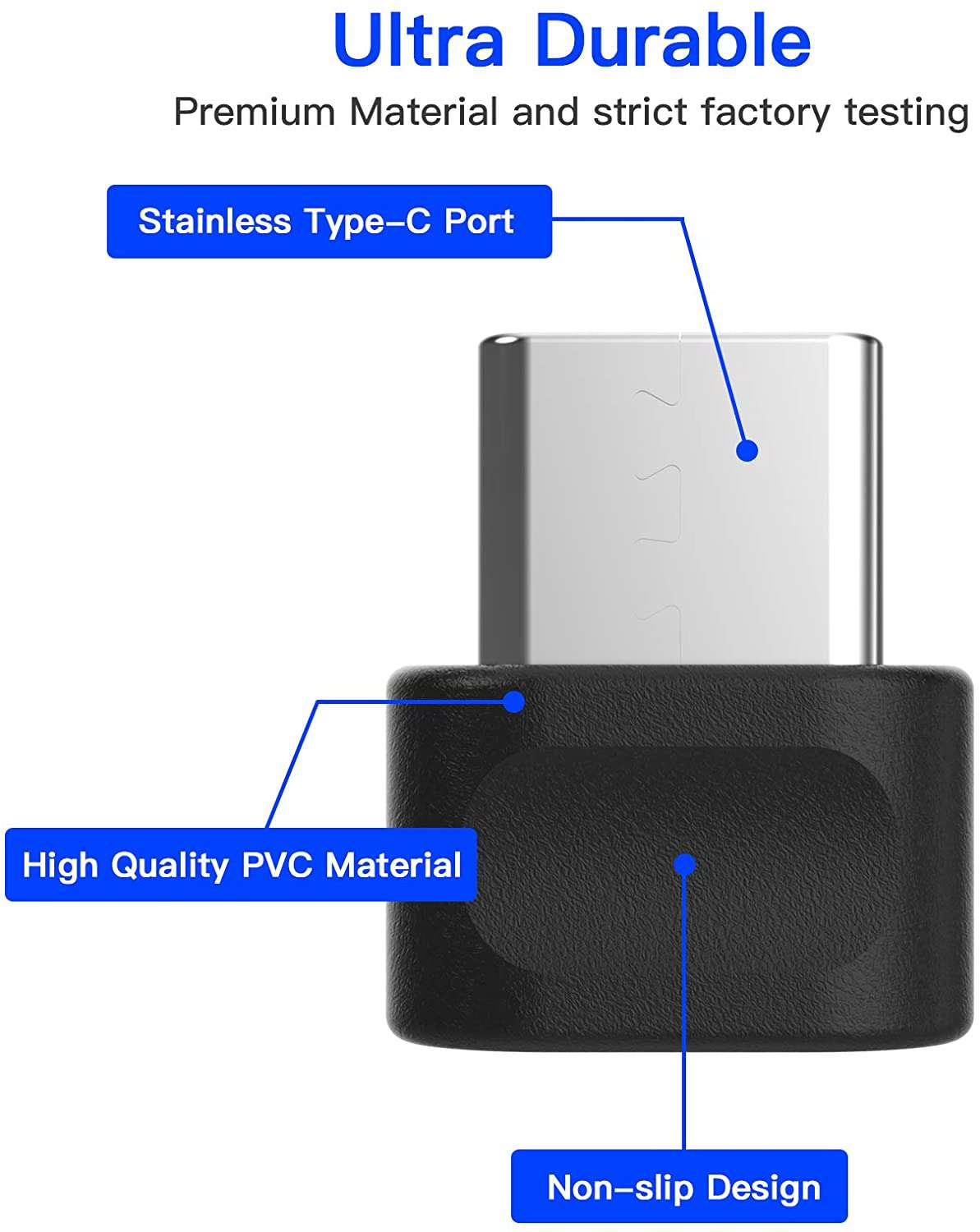 USB dongle with stainless Type-C connector, high-quality PVC material, and non-slip design.