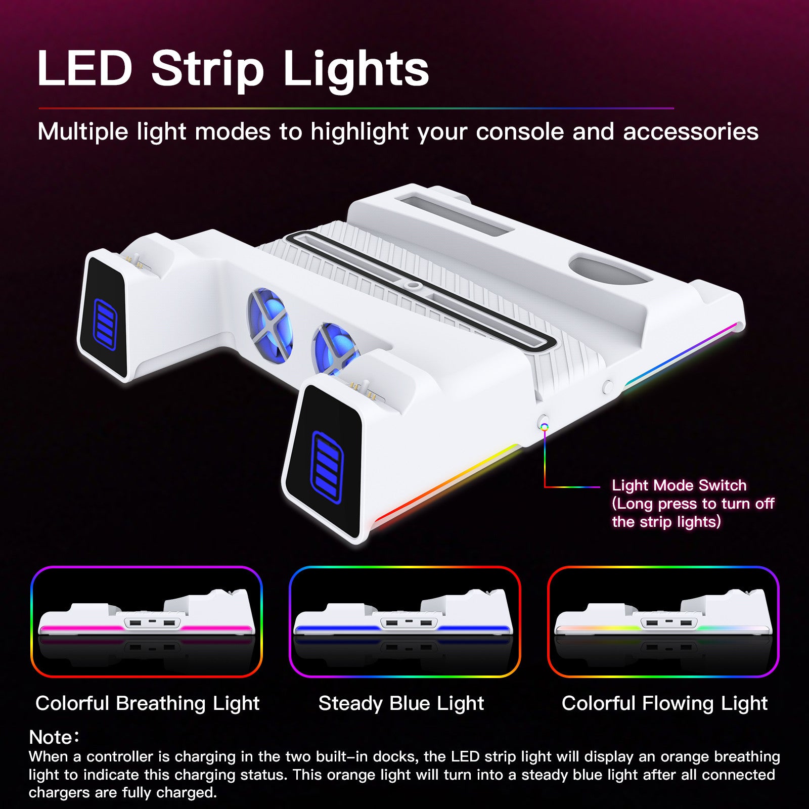 The base features RGB light strips on both sides. Easily switch lighting modes with the side button.