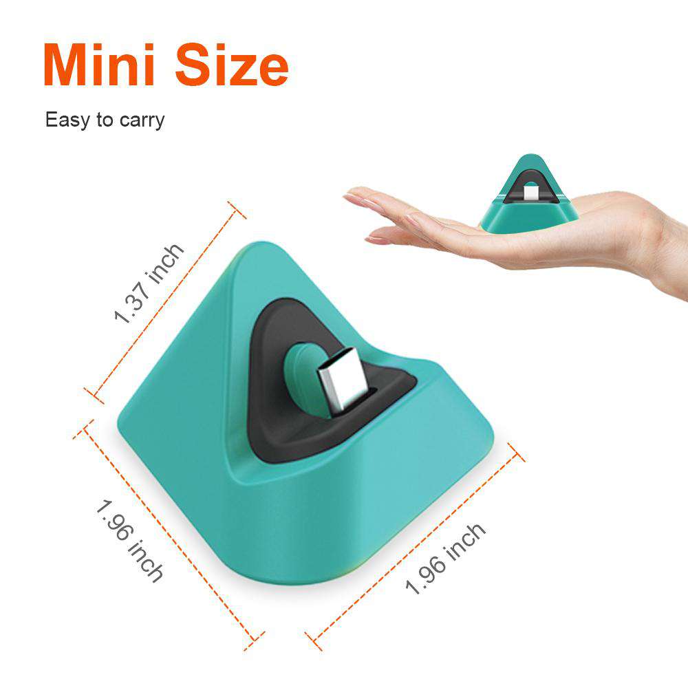 The charger dock is a mini cone-shaped design with a bottom size of 1.96x1.96 inches.