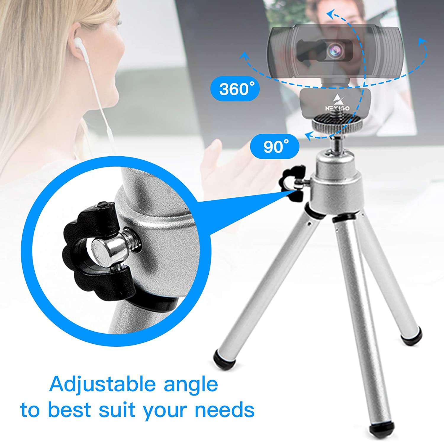 Woman using webcam on tripod for video, tripod adjusts 360¡ã horizontally and 90¡ã vertically.