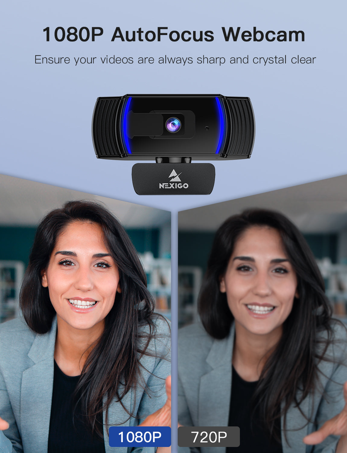 Webcam is 1080p resolution with auto-focus function, showing a quality comparison with 720p.