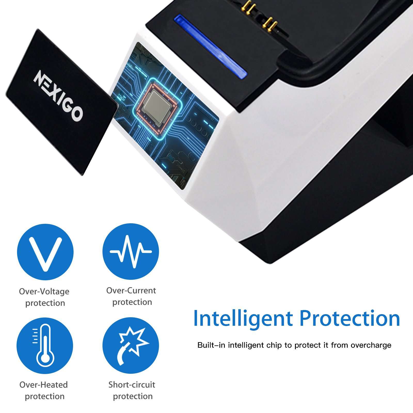 Charging station with protection against overheating, short-circuits, over-current, and over-voltage