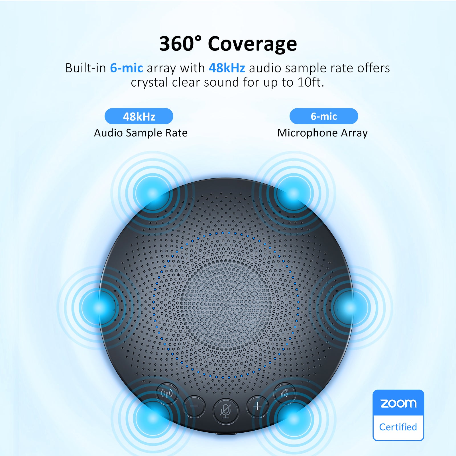 The Bluetooth Speakerphone features a 360° pickup, 6-mic array, crystal clear sound up to 10ft.