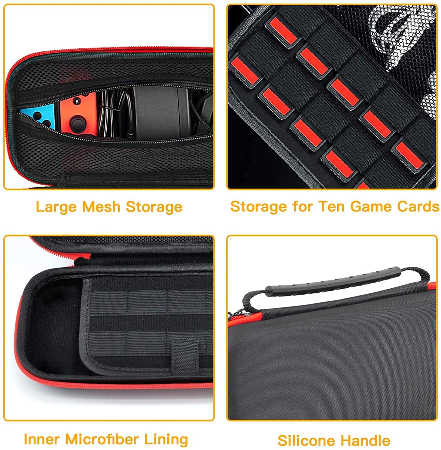 The bag has a large mesh pocket, 10 game card slots, internal compartments, and a silicone handle for carrying.