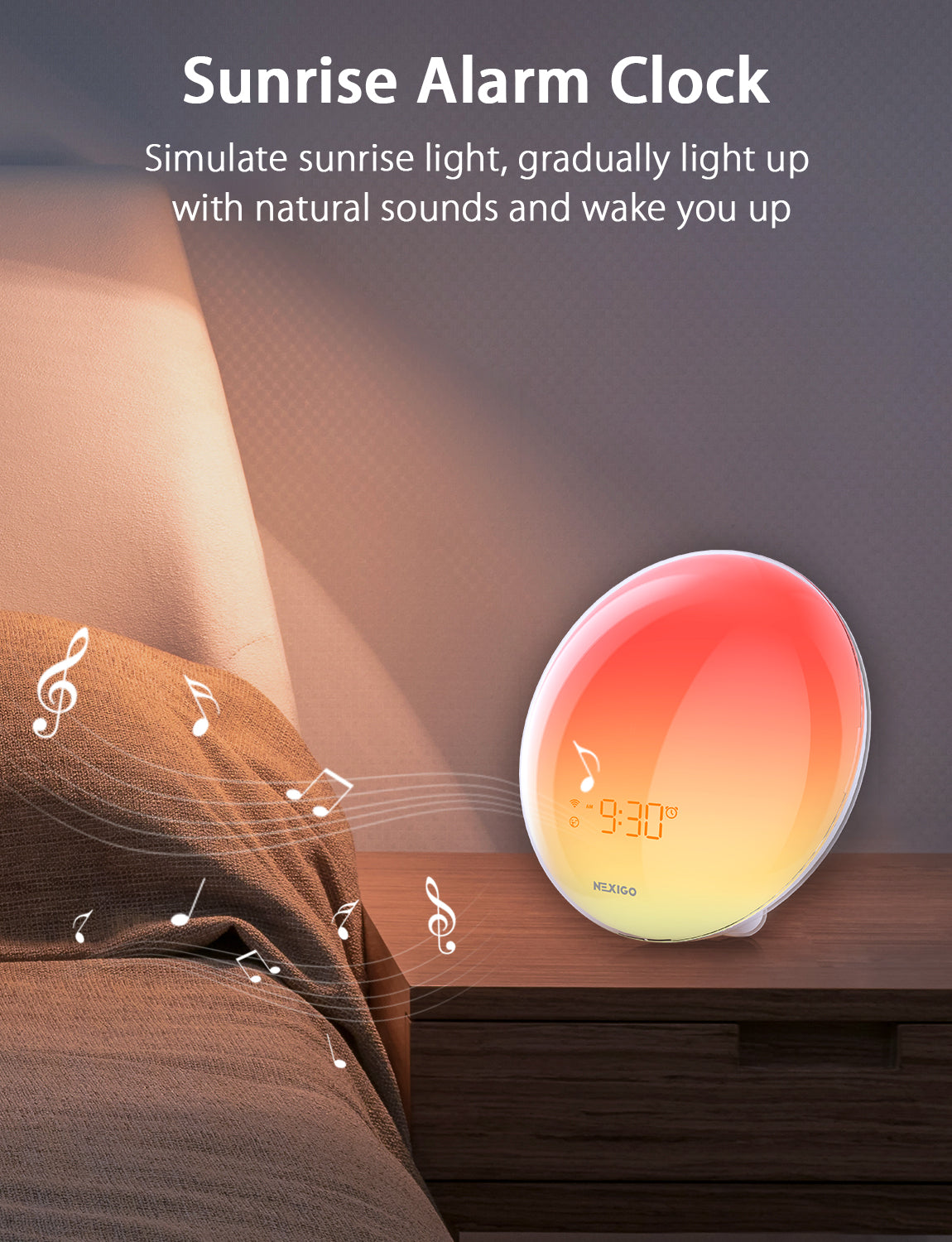 Sunrise alarm clock with natural sounds wakes you up with simulated sunrise light.