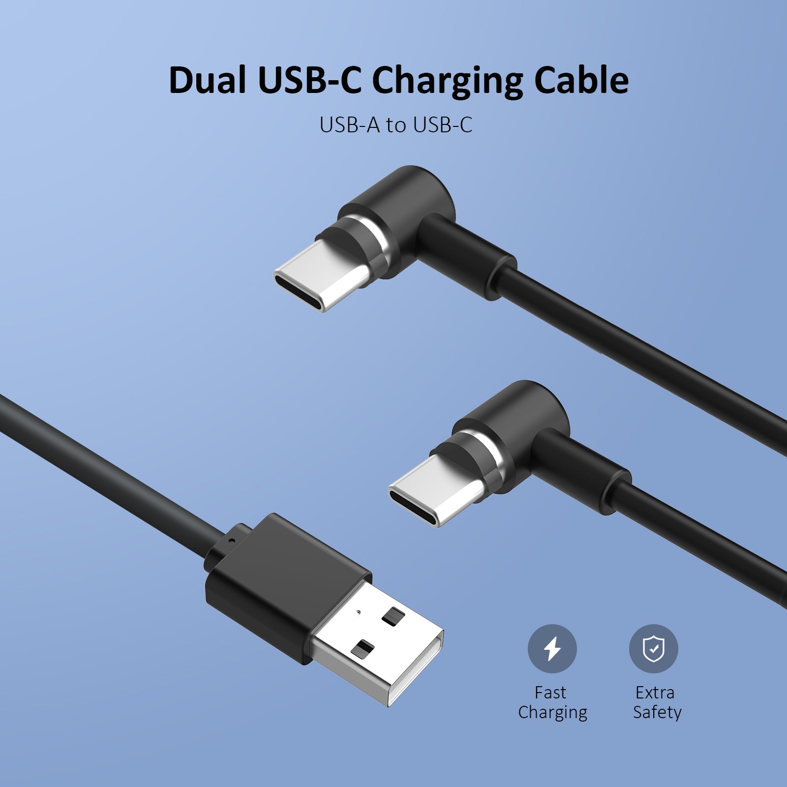 The 90° Dual USB-C Charging Cable is a fast-charging data cable with dual heads, allowing you to conveniently charge multiple devices simultaneously.